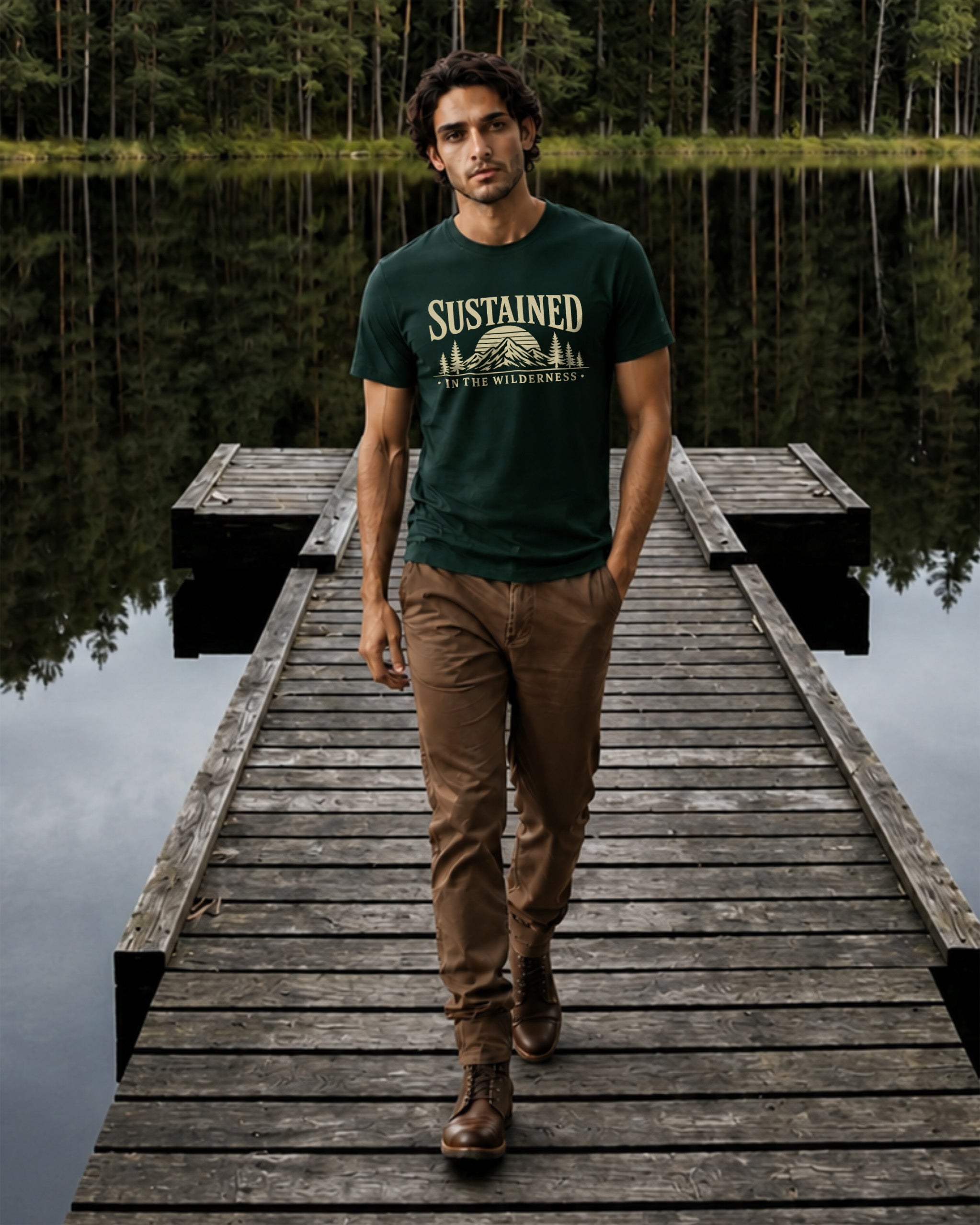 A man walks down a wooden dock toward the camera wearing a dark green graphic t-shirt with 'SUSTAINED' printed in beige, brown pants, and brown boots, set against a serene lake and forest background.