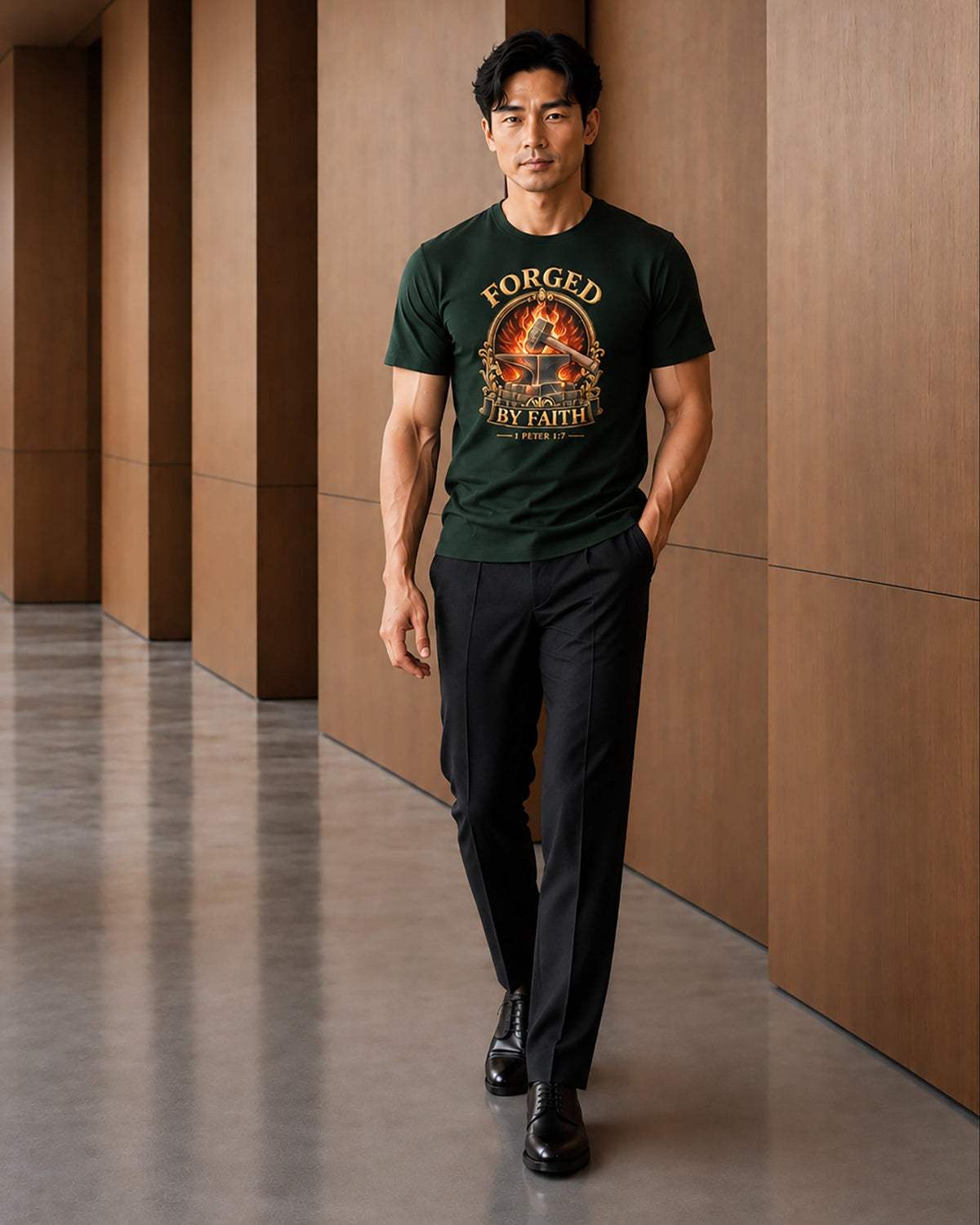 A man wearing a dark green graphic t-shirt with a 'Forged for Faith' design, paired with black trousers and black leather shoes, walking down a modern hallway with warm wood-paneled walls.