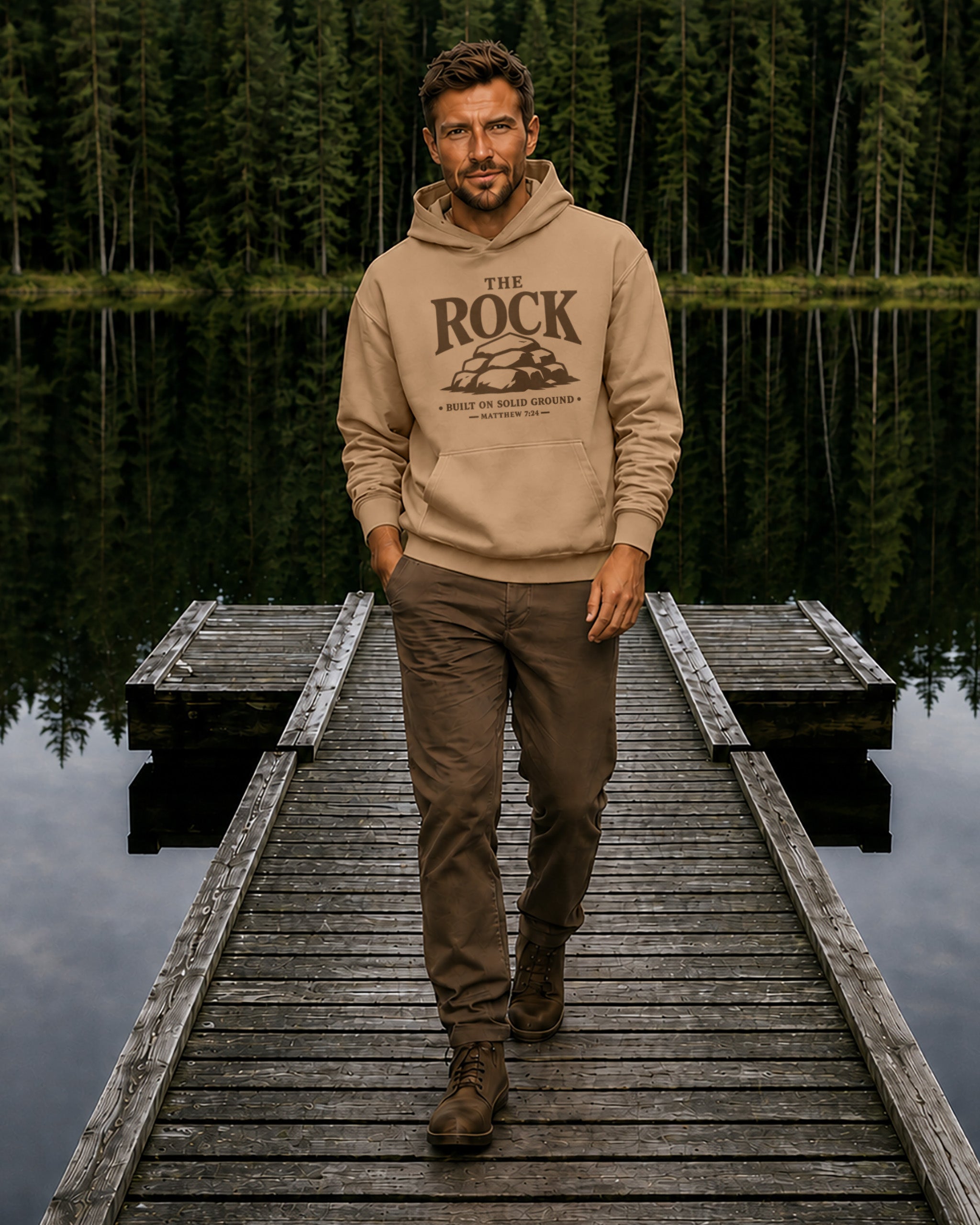 A man walks along a wooden dock toward the camera, wearing a beige hoodie with a dark graphic print that reads 'THE ROCK' and brown pants, set against a scenic background of a forest and lake reflection.