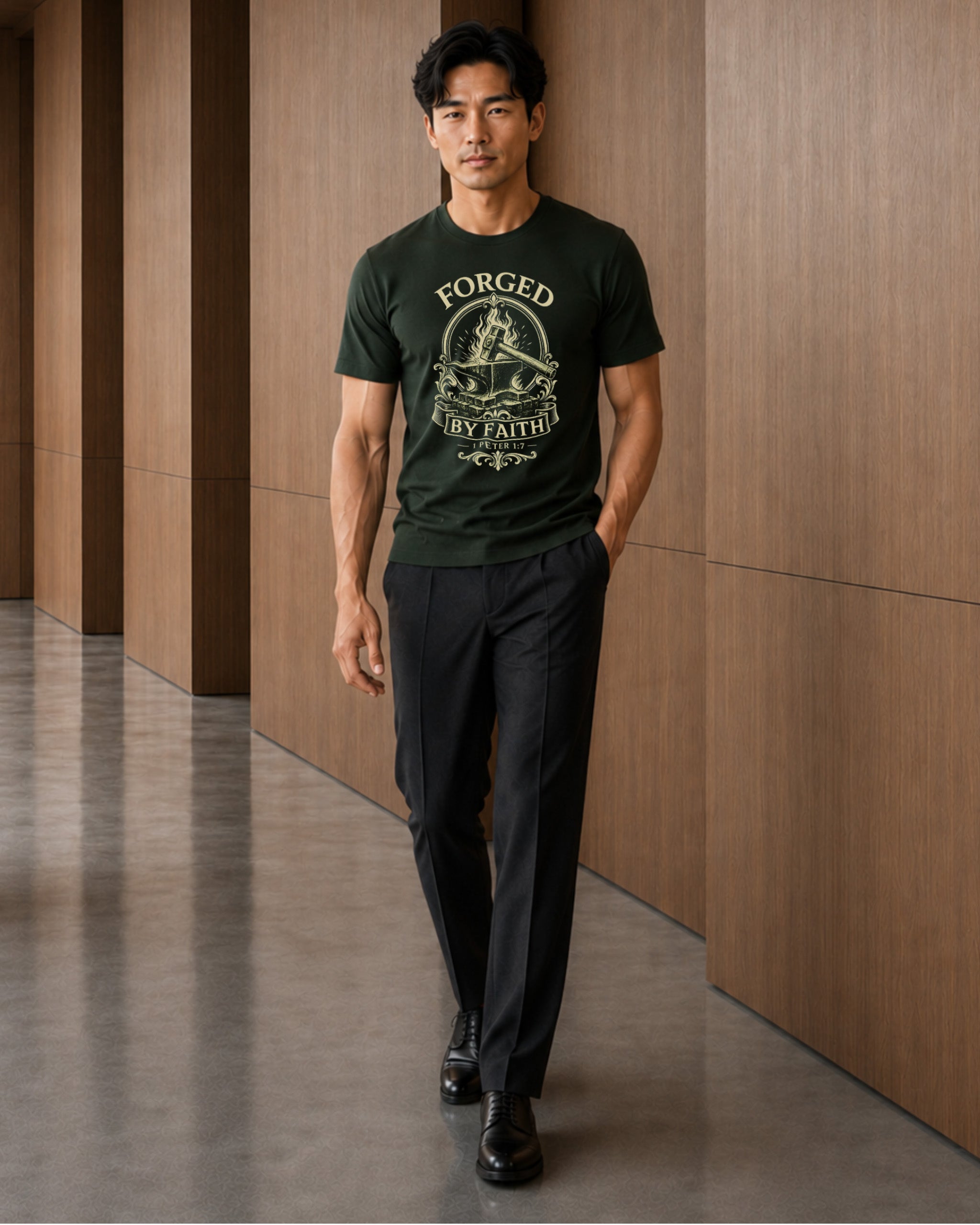 A man wearing a dark forest green graphic t-shirt with a gold-toned 'Forged by Faith' emblem, paired with black trousers and black dress shoes, walking down a modern hallway with wood-paneled walls.