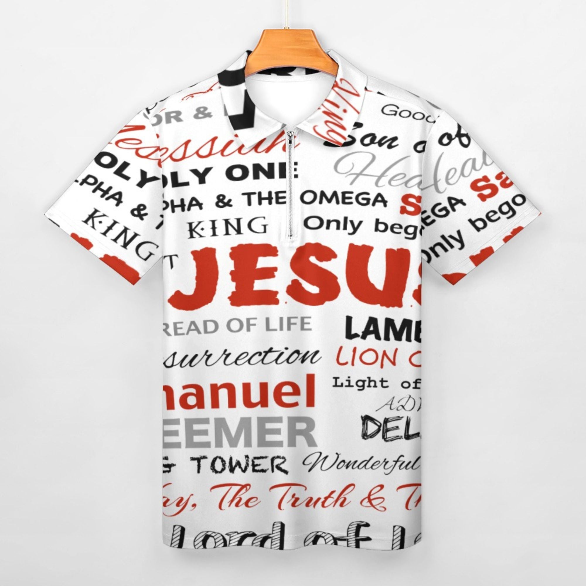 Many Names of Jesus Short Sleeve Polo Shirt Size: 2XS Color: White Jesus Passion Apparel