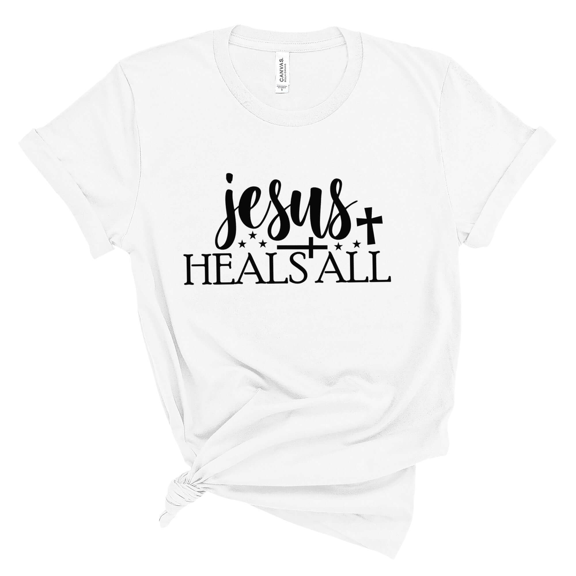 T-Shirts & TopsEmbrace your faith with this inspiring "Jesus Heals All" T-shirt. Featuring elegant calligraphy and symbolic stars and cross, this shirt is perfect for everyday wear or special church events. It's designed to offer comfort while expressing