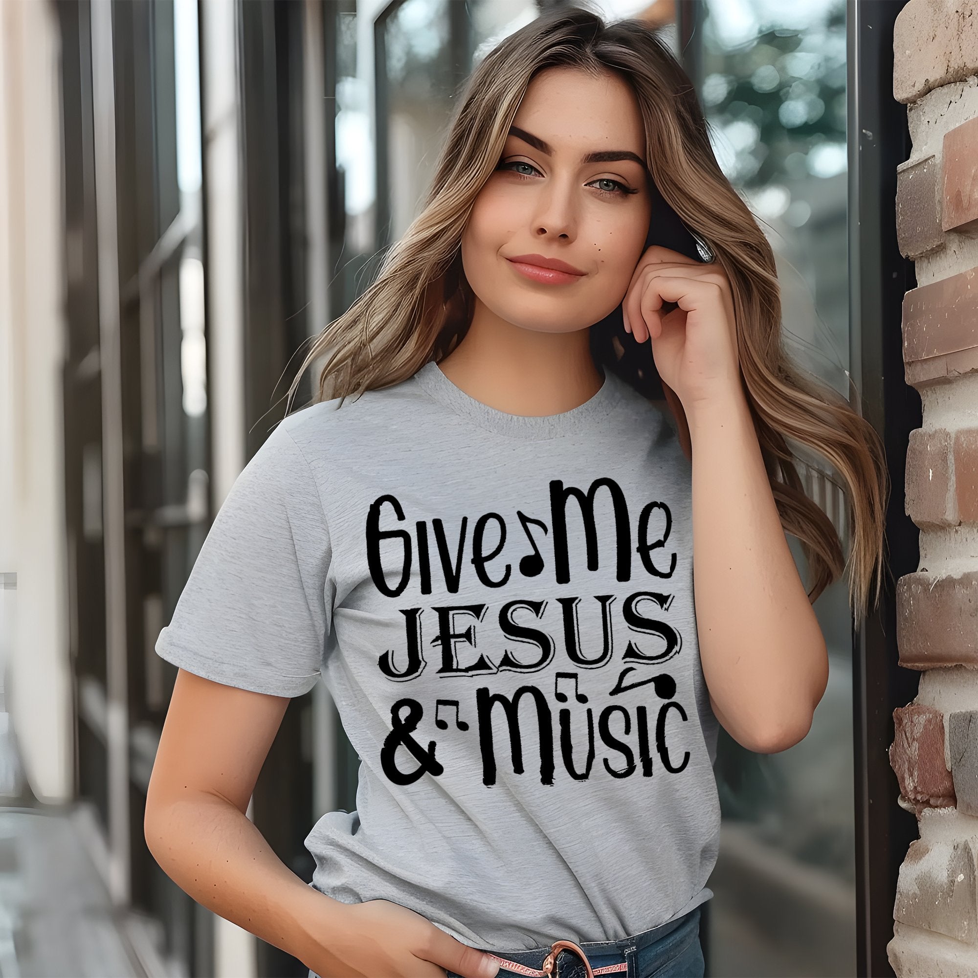 Give Me Jesus and Music Notes Detail Women's Jersey Short Sleeve T-Shirt Size: XS Color: Athletic Heather Jesus Passion Apparel