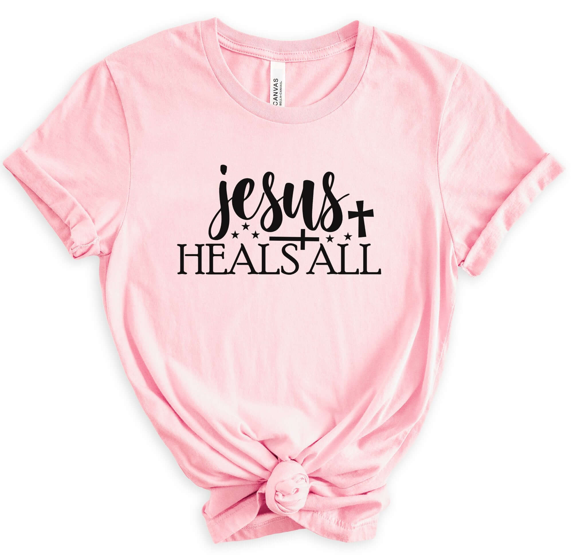 T-Shirts & TopsEmbrace your faith with this inspiring "Jesus Heals All" T-shirt. Featuring elegant calligraphy and symbolic stars and cross, this shirt is perfect for everyday wear or special church events. It's designed to offer comfort while expressing