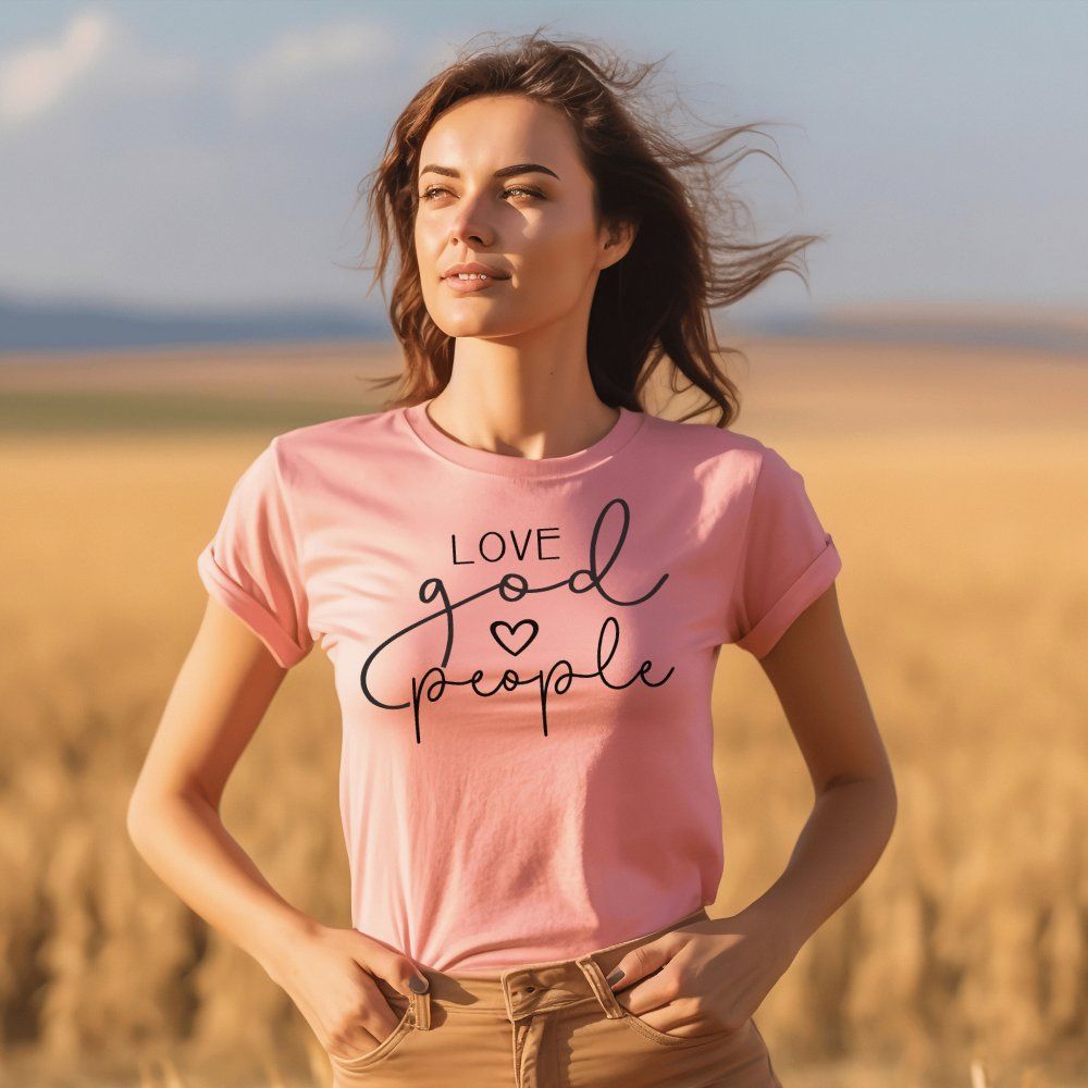 Love God People Jersey Short Sleeve T-Shirt Color: Pink Size: S Jesus Passion Apparel