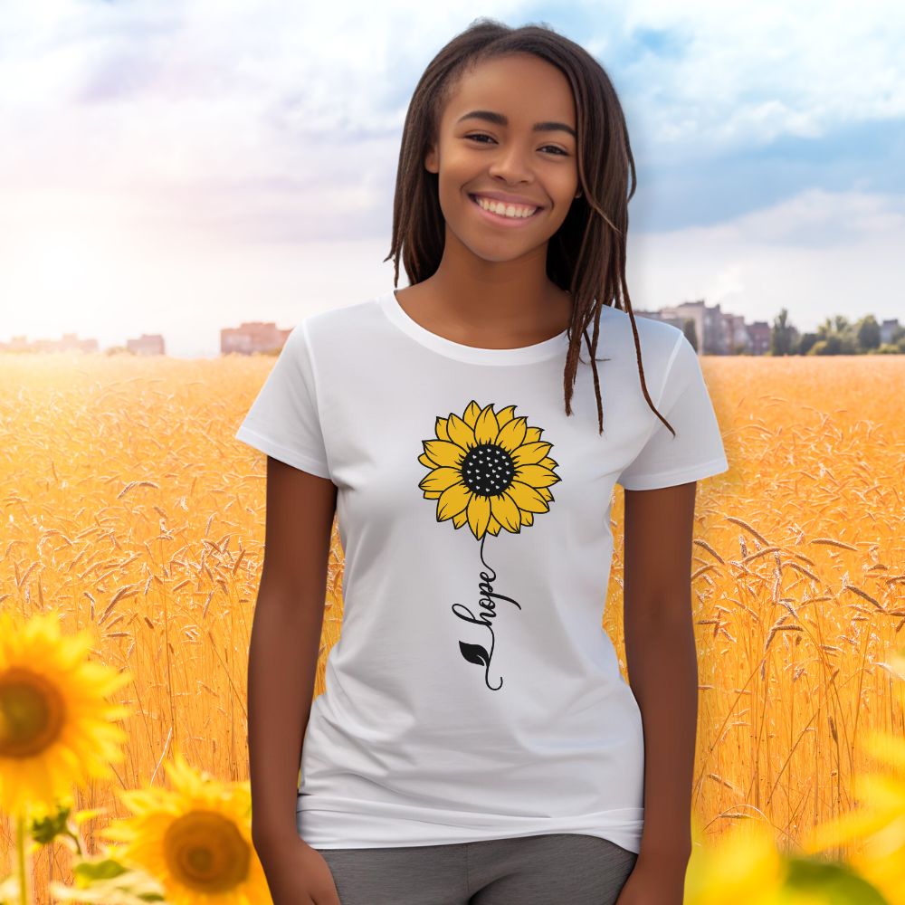 Hope Sunflower Vertical Jersey Short Sleeve T-Shirt Color: Soft Cream Size: XS Jesus Passion Apparel