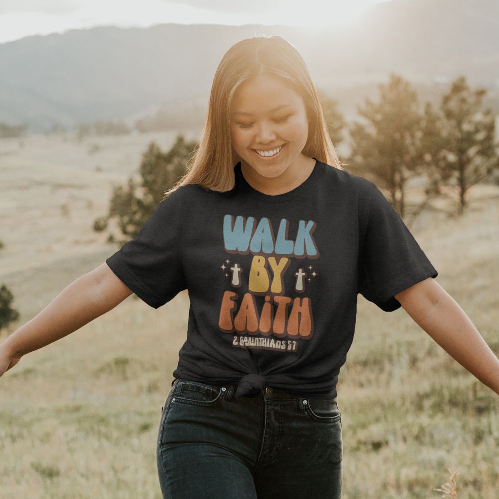 Walk By Faith Retro Unisex Fit T-Shirt Color: Black Heather Size: XS Jesus Passion Apparel