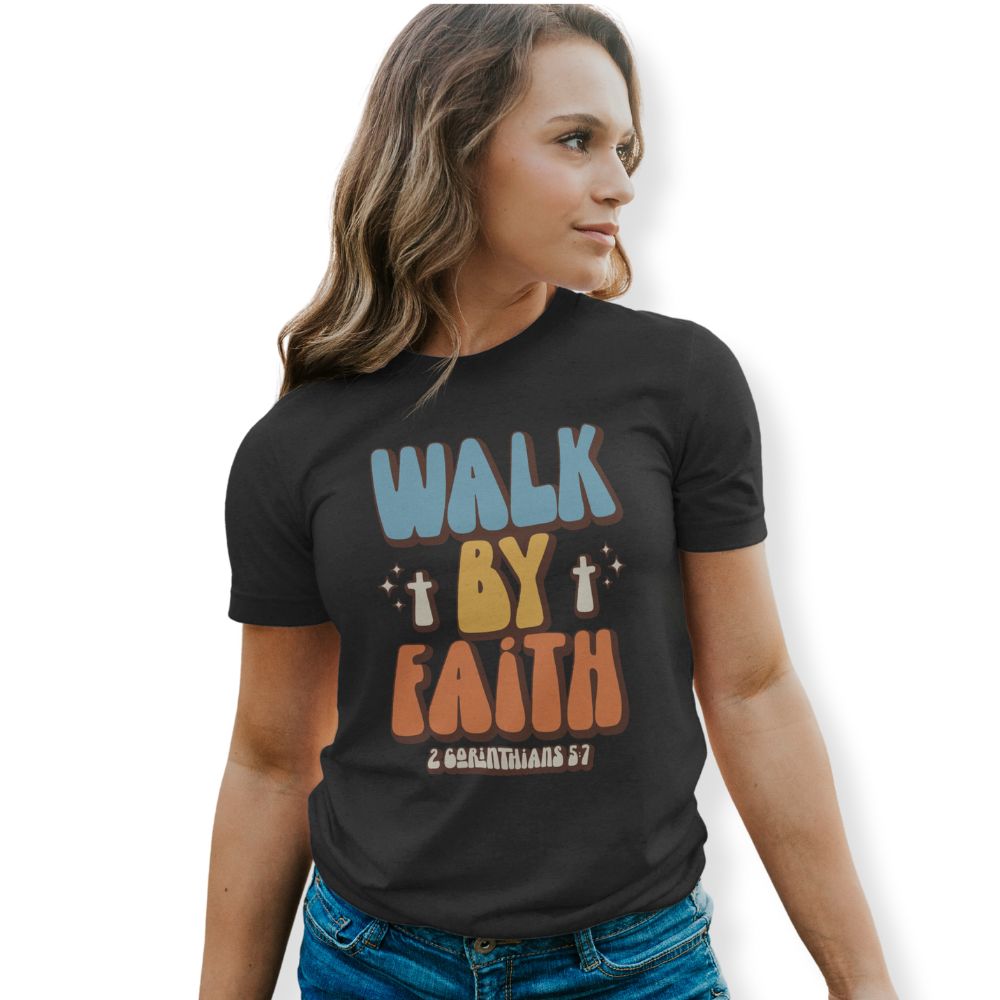 Walk By Faith Retro Unisex Fit T-Shirt Color: Black Heather Size: XS Jesus Passion Apparel