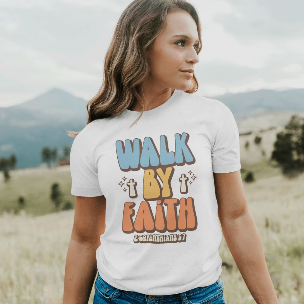 Walk By Faith Retro Unisex Fit T-Shirt Color: Black Heather Size: XS Jesus Passion Apparel