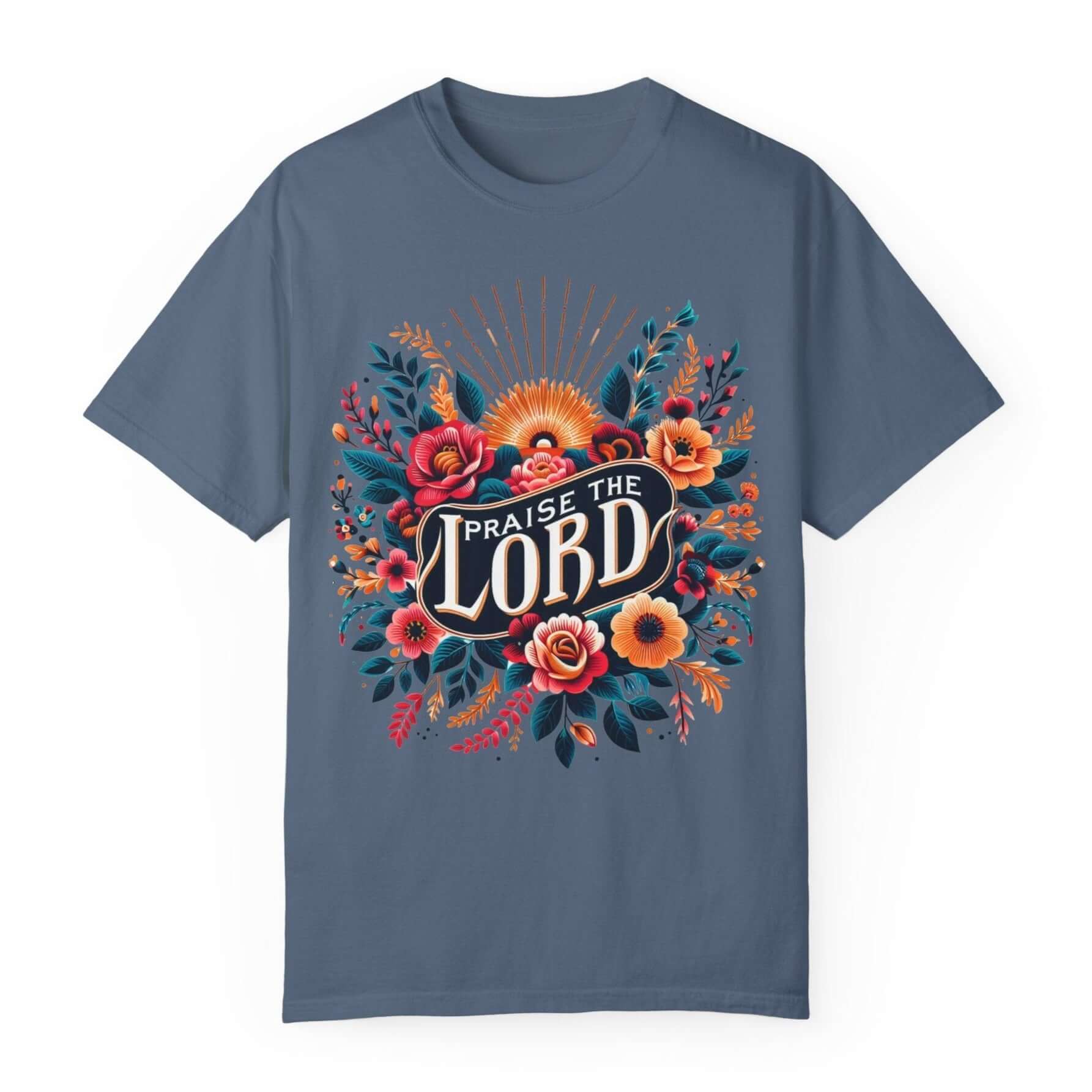 Praise the Lord Floral Sunshine Women's Short Sleeve Tee Color: Blue Jean Size: S Jesus Passion Apparel