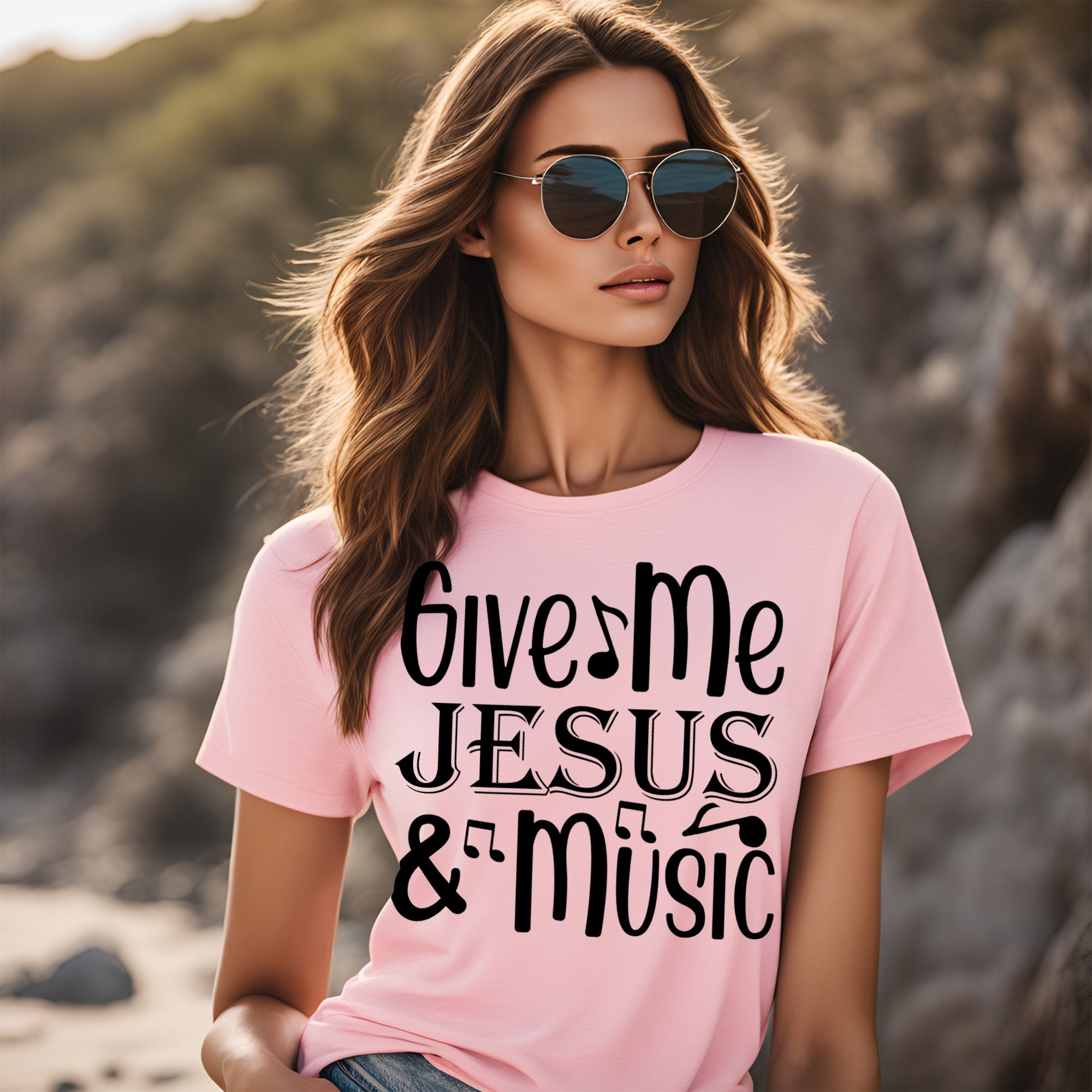 Give Me Jesus and Music Notes Detail Women's Jersey Short Sleeve T-Shirt Size: XS Color: Pink Jesus Passion Apparel