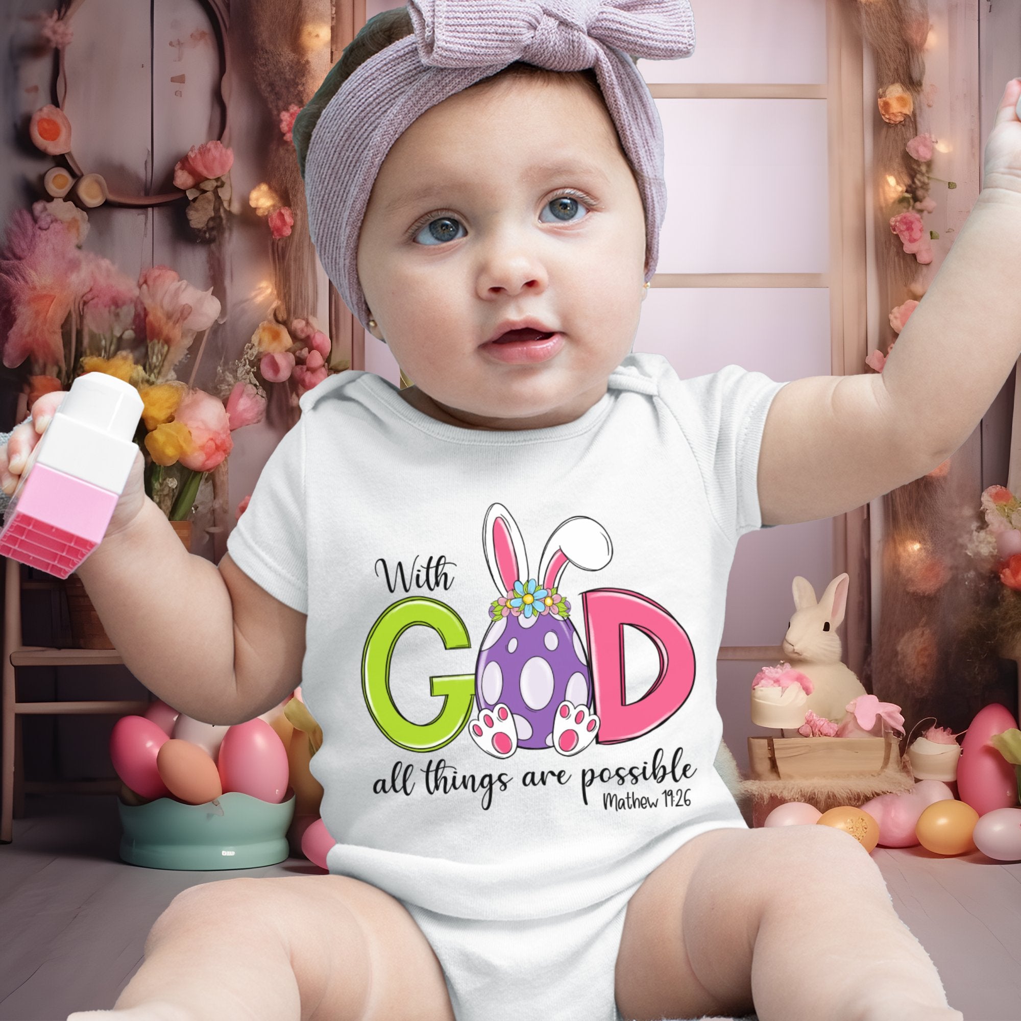 With God all is Possible Infant Fine Jersey Bodysuit, Christian Kids Tshirts, Religious Gifts, Bible Verse Baby, Cute Easter Baby Bodysuit Size: 6mo Color: White Jesus Passion Apparel