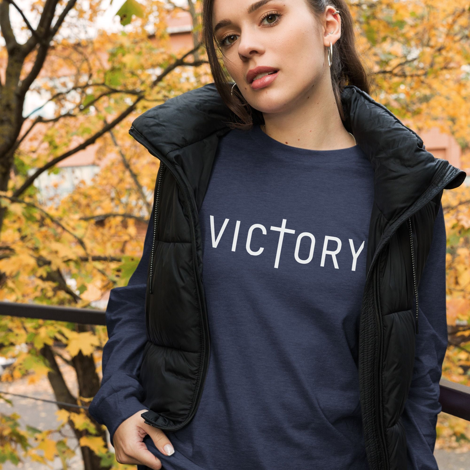 Victory Unisex Jersey Long Sleeve Tee Size: XS Color: Dark Grey Heather Jesus Passion Apparel