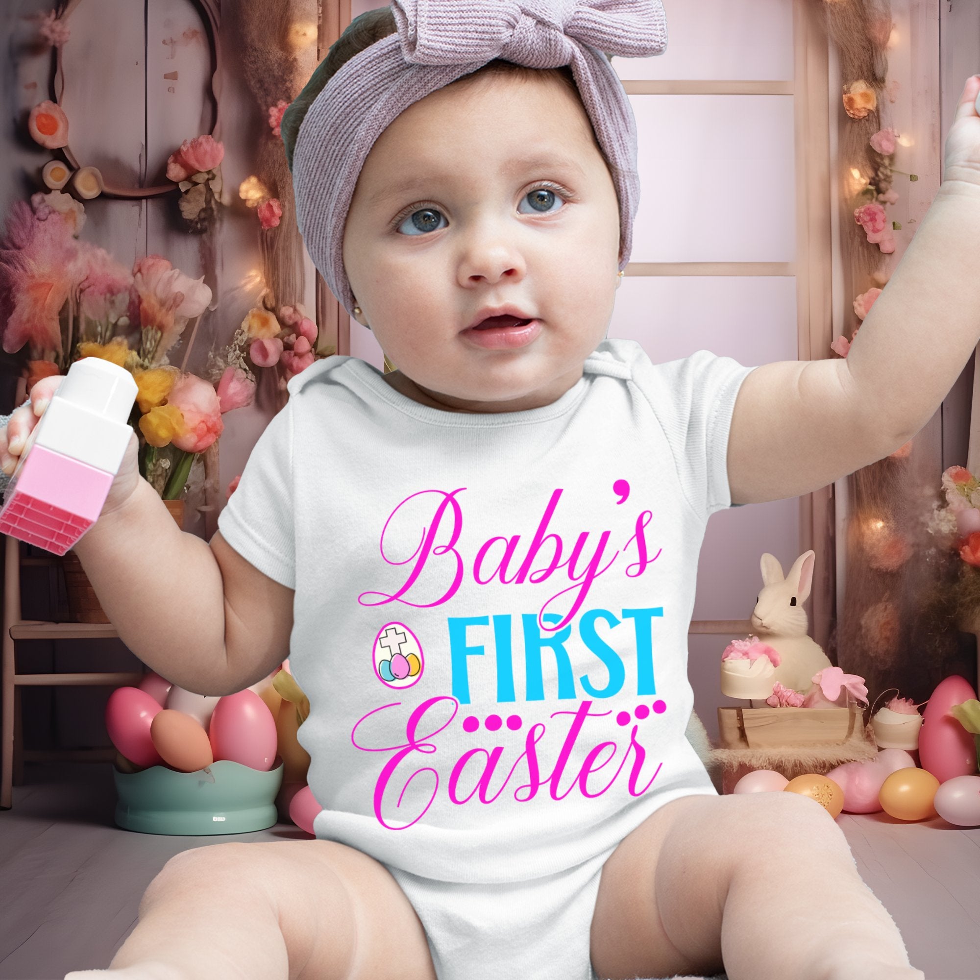 Baby's First Easter Cross Eggs Infant Fine Jersey Bodysuit Size: 6mo Color: White Jesus Passion Apparel
