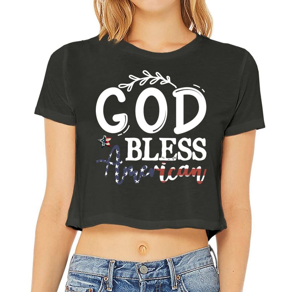 T-Shirts & TopsShow off your patriotic spirit with this stylish and comfortable God Bless America God Bless America Women’s Flowy Cropped Tee, perfect for Independence Day celebrations or everyday wear. Featuring bold white lettering with stars and olive