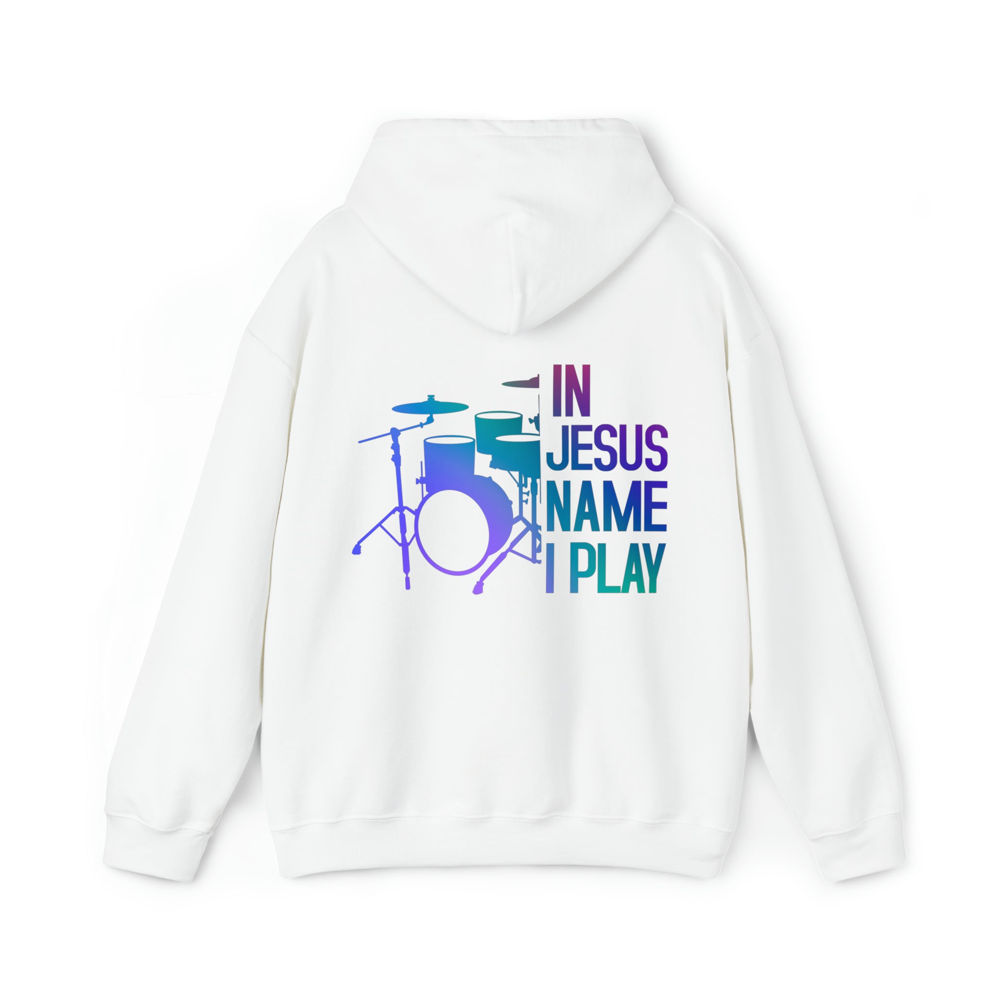 In Jesus Name I Play Drums Men's Heavy Blend™ Hoodie Color: White Size: S Jesus Passion Apparel