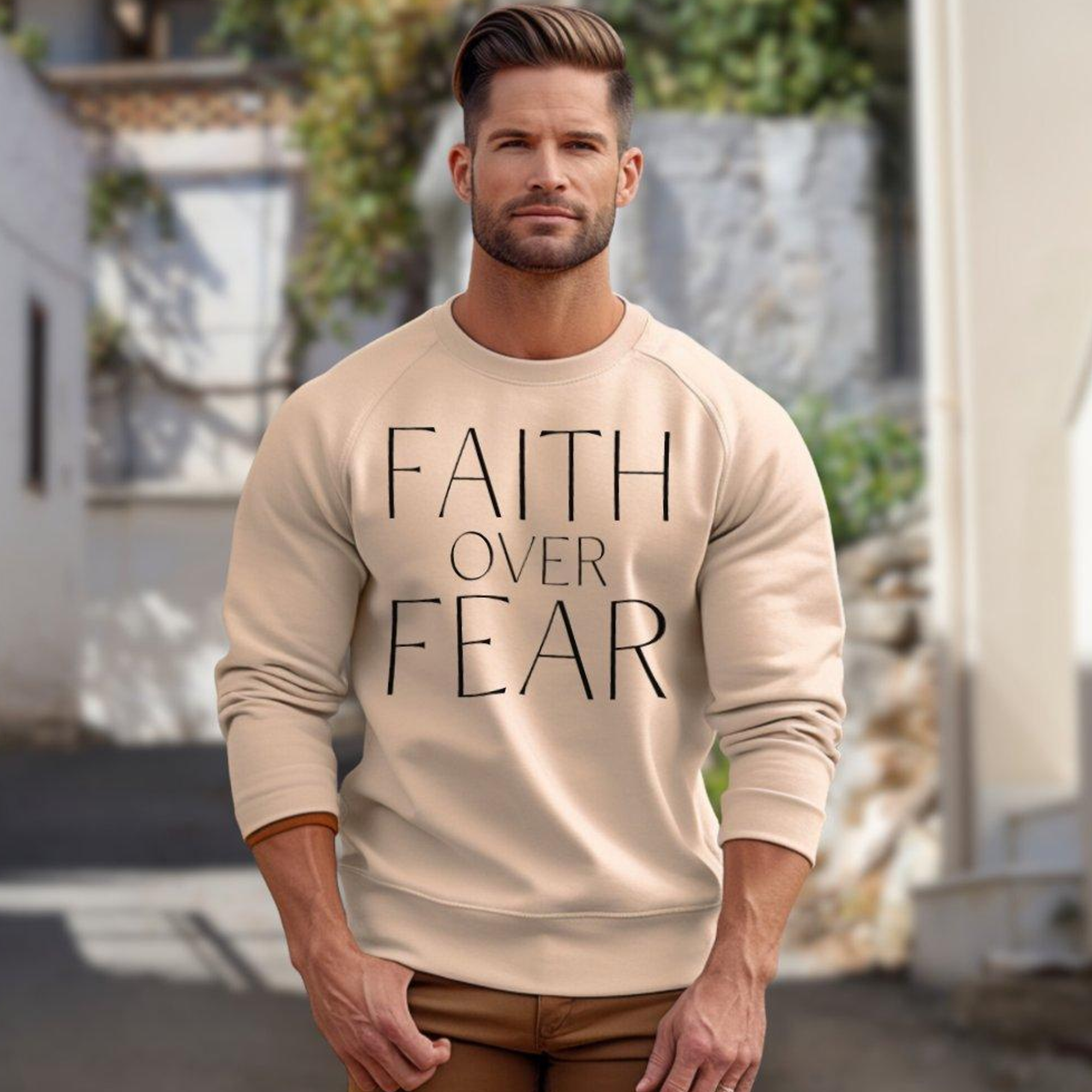 Faith Over Fear Men's Fleece Unisex-Fit Sweatshirt - Sand Size: S Color: Sand Jesus Passion Apparel