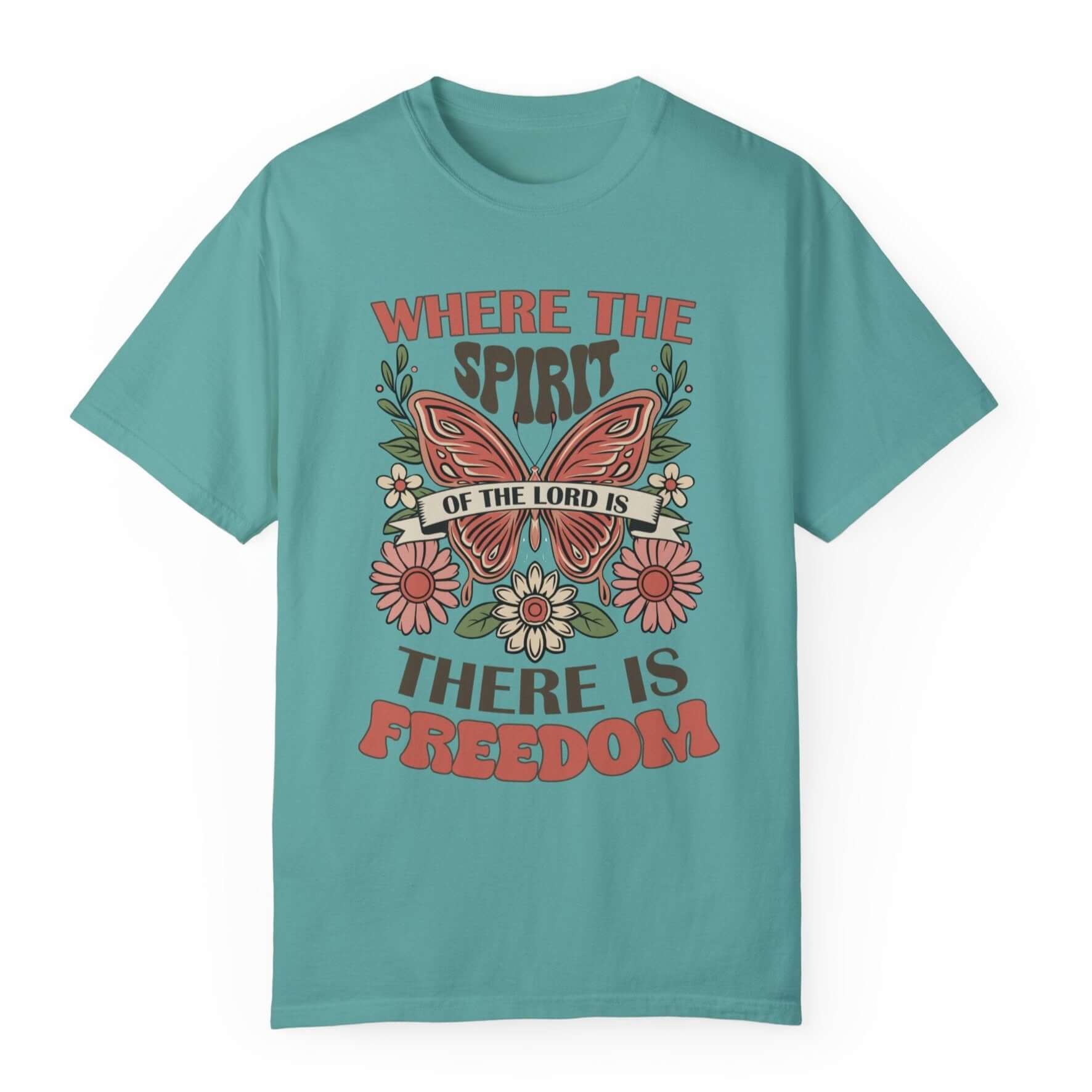 Spirit of the Lord is Freedom Floral Butterfly Women's Short Sleeve Tee Color: Seafoam Size: S Jesus Passion Apparel