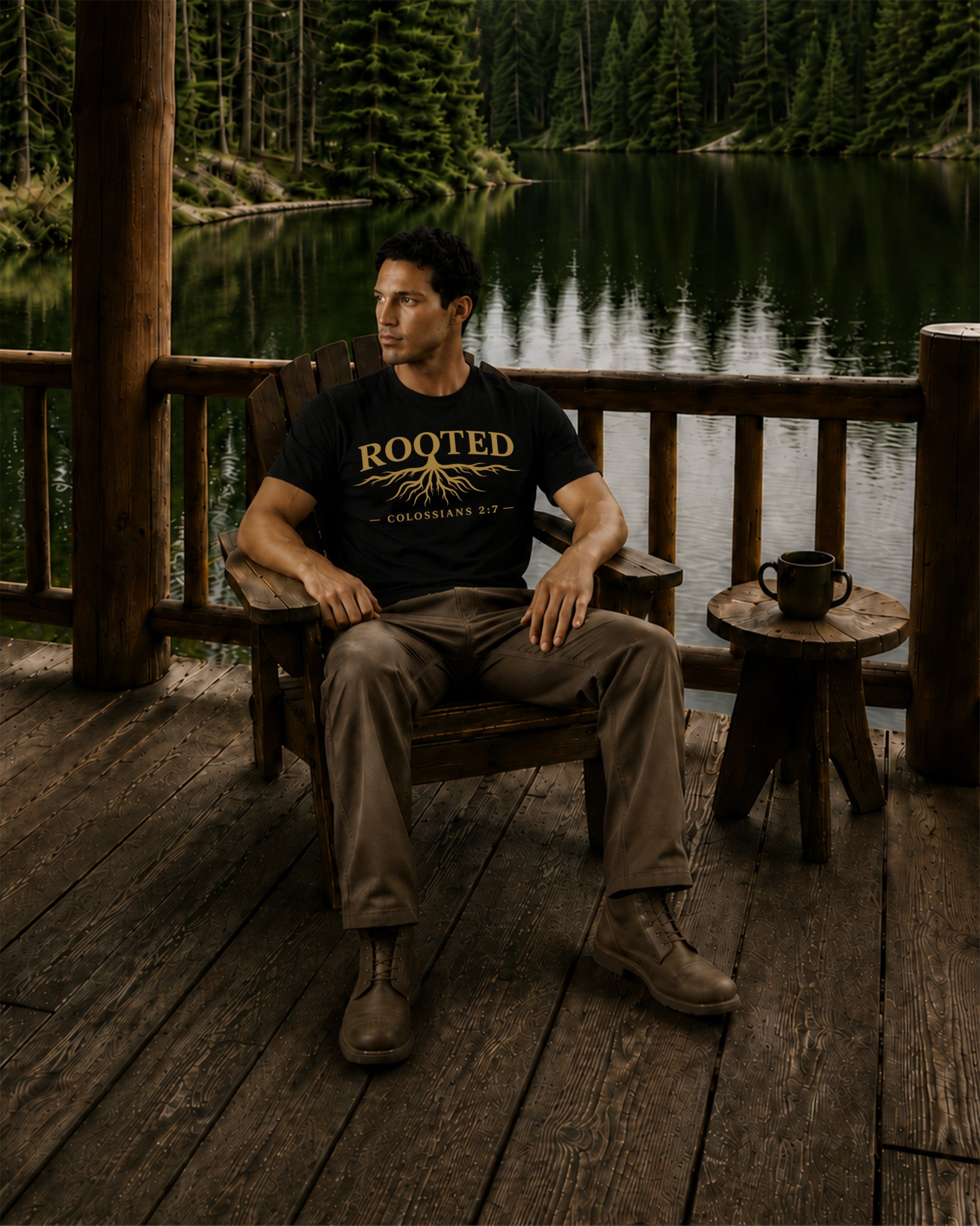 A man sits on a wooden chair on a rustic wooden porch by a lake, wearing a black t-shirt with a gold 'ROOTED COLUMBINE 2025' graphic. The background features a dense forest and the reflective waters of the lake.