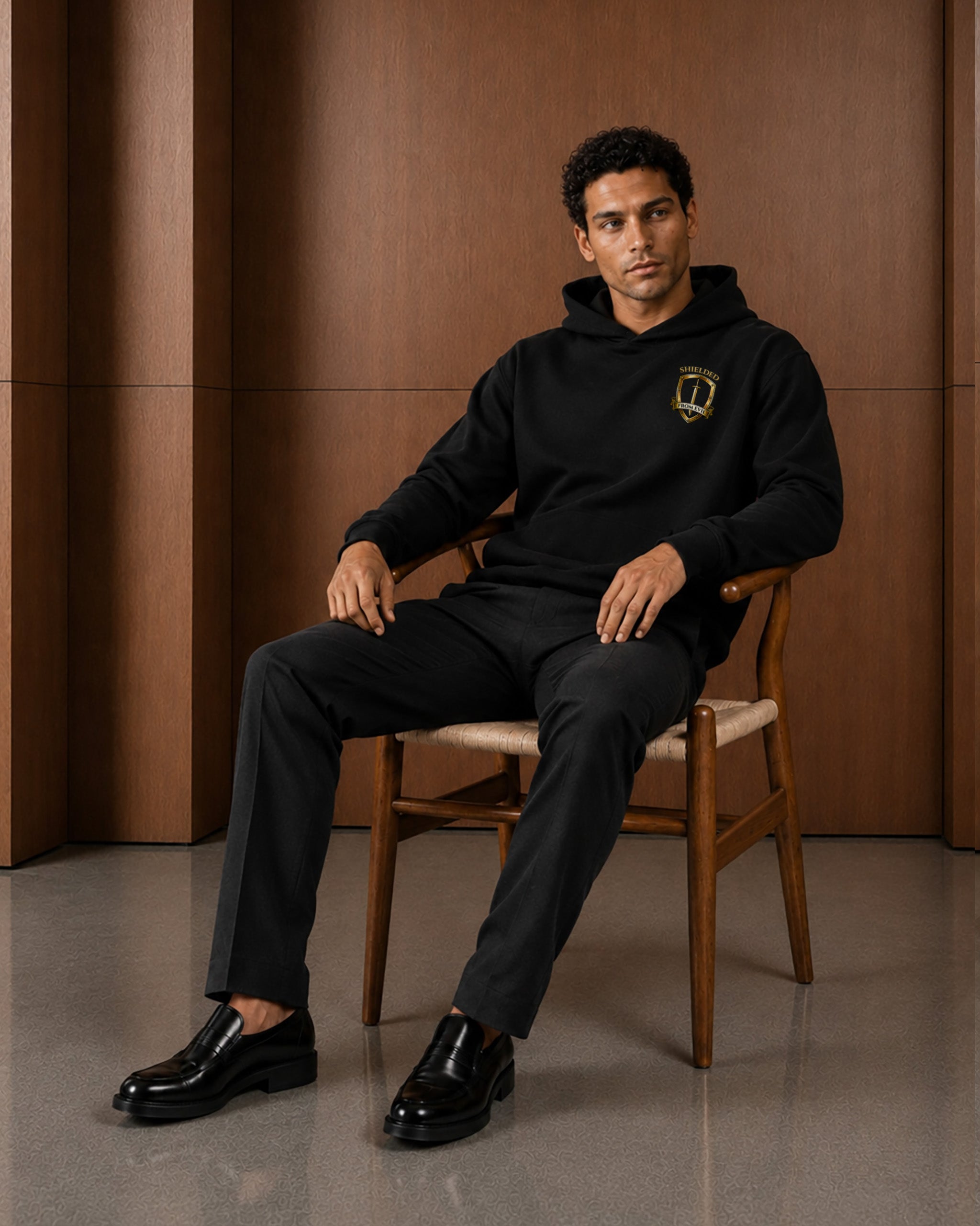 A man sits on a wooden chair wearing a black hoodie with a small gold crest logo on the left chest, black trousers, and black loafers, set against a warm brown wood-paneled background.