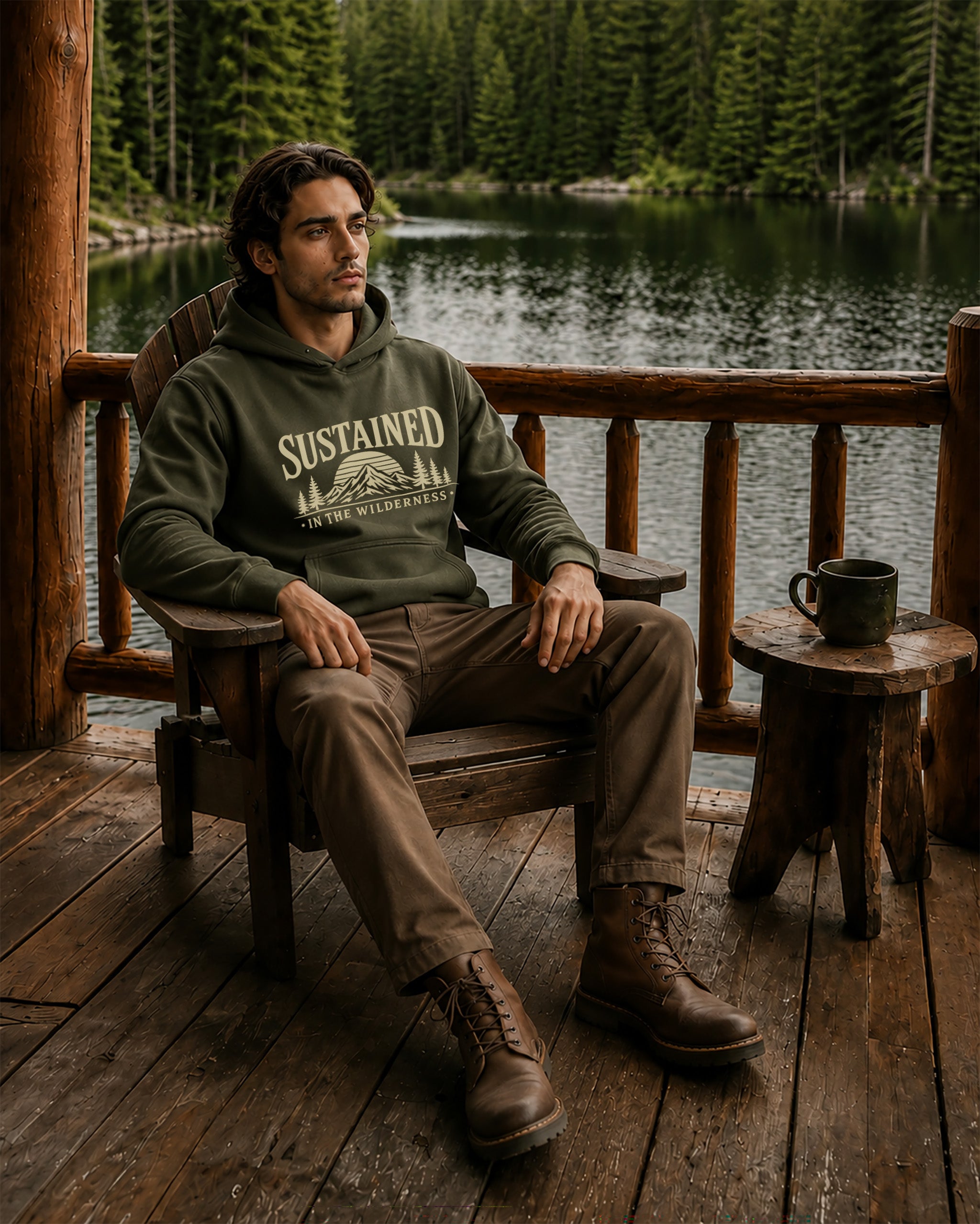 A man sits in a wooden chair on a rustic lakeside porch wearing an olive green hoodie with a graphic print that reads 'SUSTAINED BY THE WILDERNESS' and brown pants and boots. A small wooden table next to him holds a dark mug, with a forest and lake in the background.