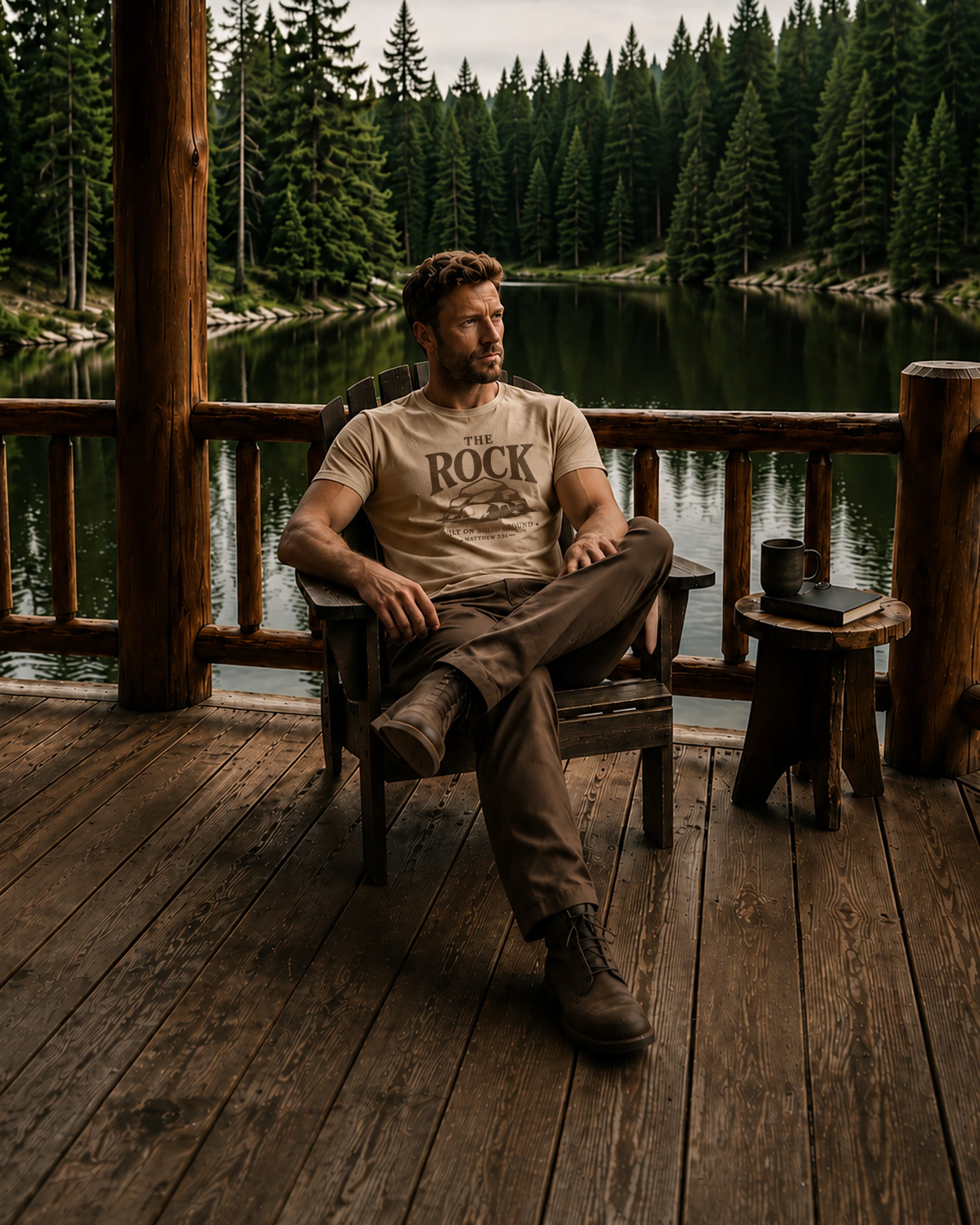 A man sits in a wooden chair on a rustic wooden deck with a lake and pine forest in the background. He is wearing a beige graphic t-shirt with the word 'ROCK' printed on the chest, brown pants, and brown boots.