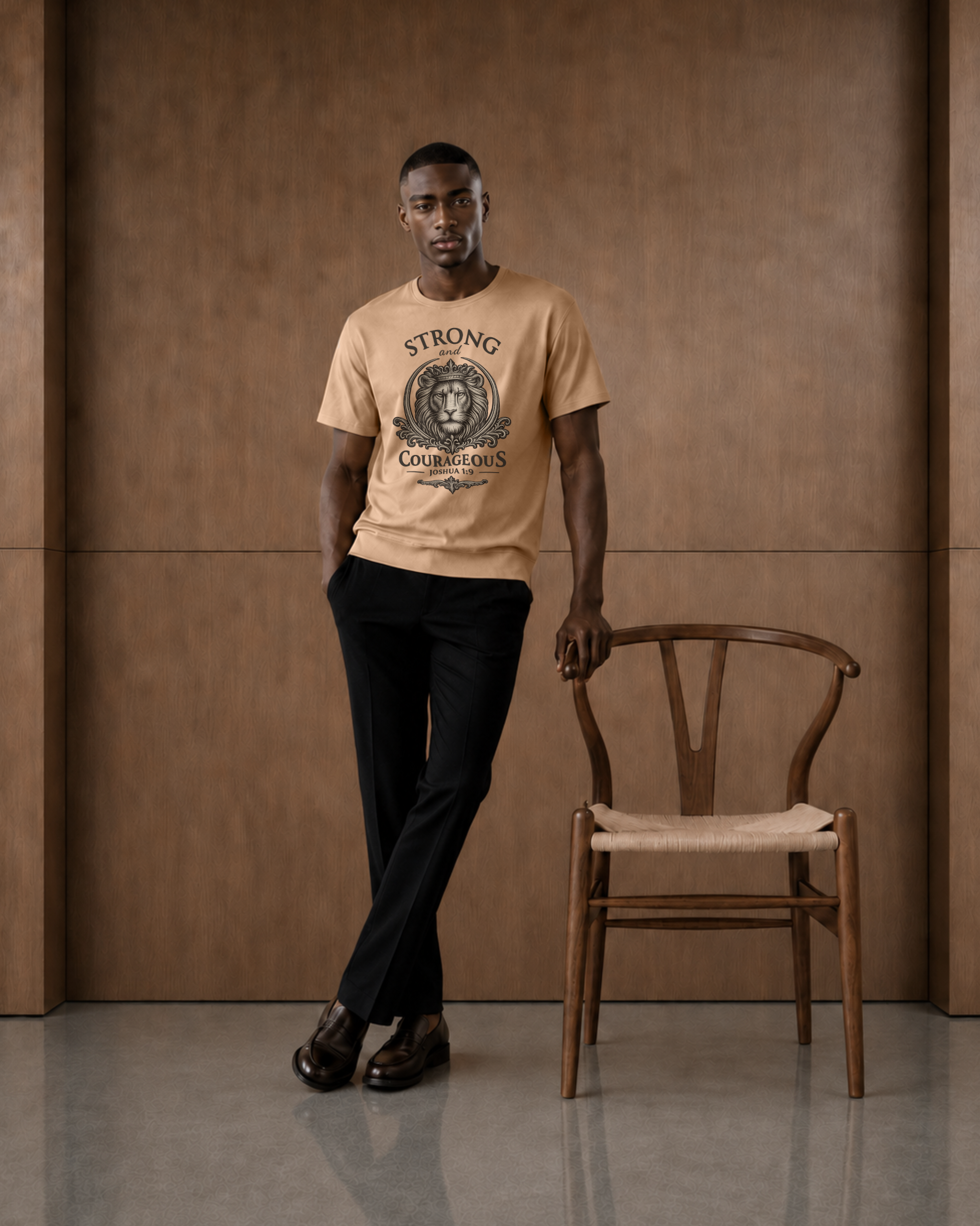 A man wearing a beige graphic t-shirt and black trousers stands in a studio setting next to a wooden chair against a brown textured wall.