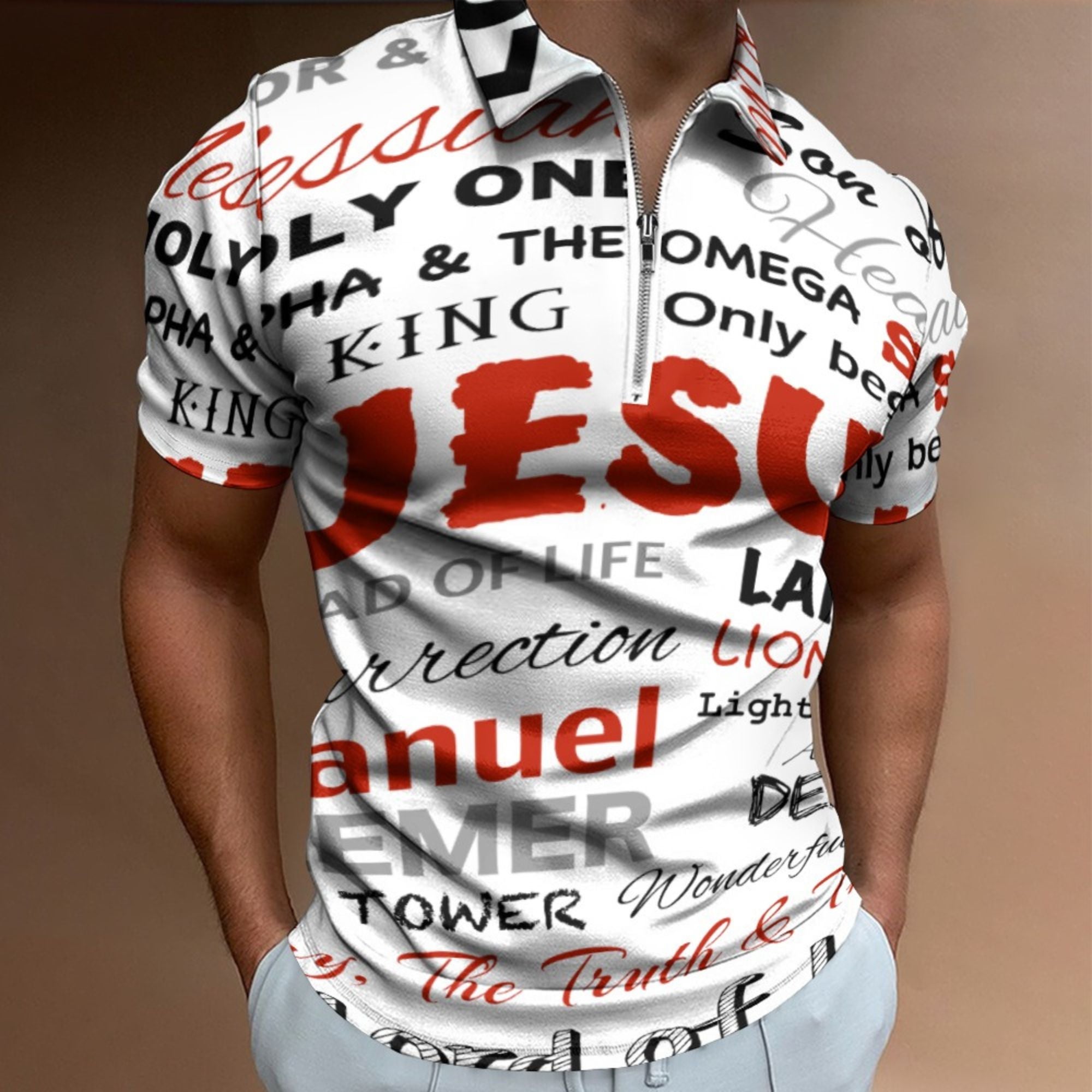 Many Names of Jesus Short Sleeve Polo Shirt Size: 2XS Color: White Jesus Passion Apparel