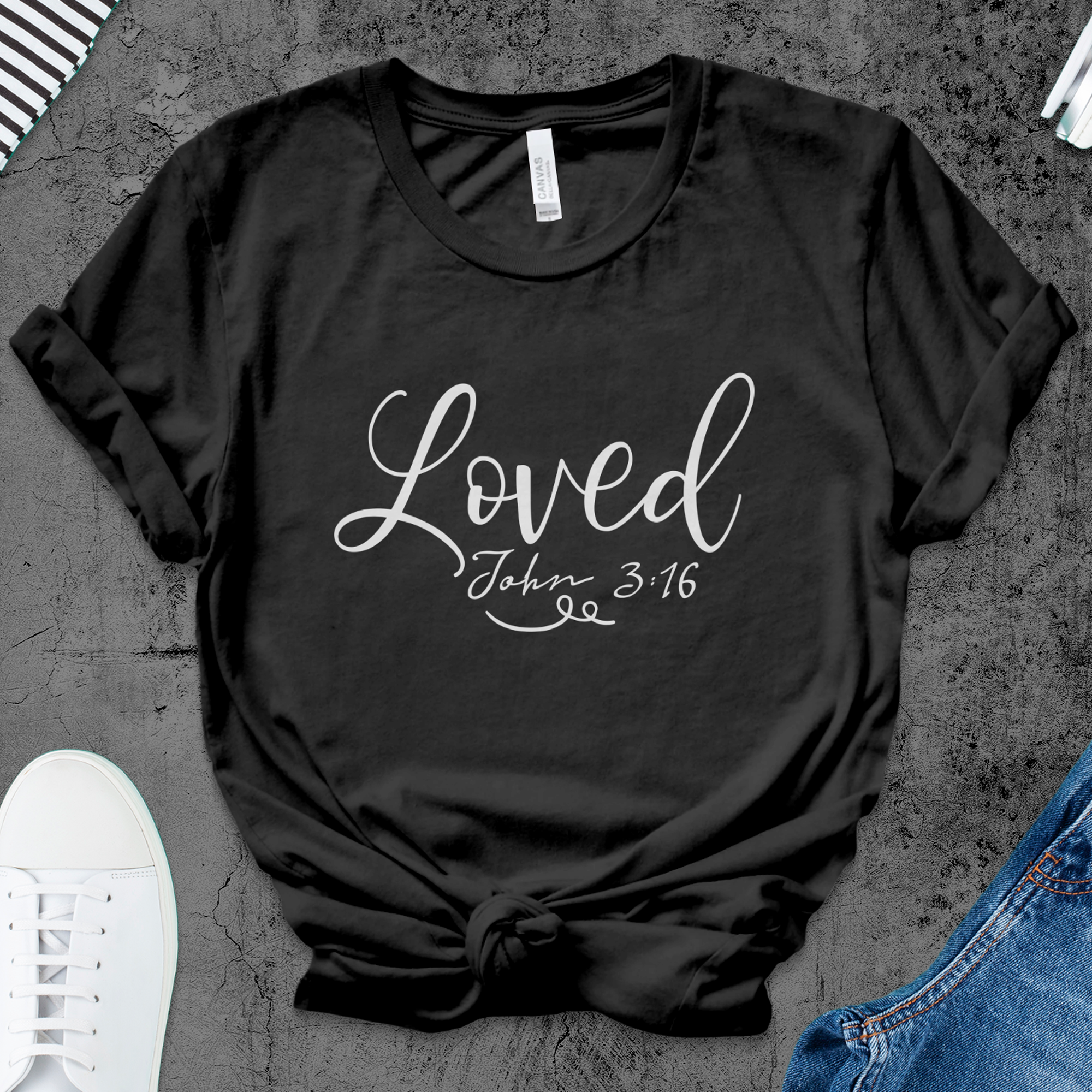 Loved Unisex Jersey Short Sleeve Tee - Black / White Product Label: T-Shirts (Bella 3001#1) - Size: XS Color: Solid Black Blend Jesus Passion Apparel