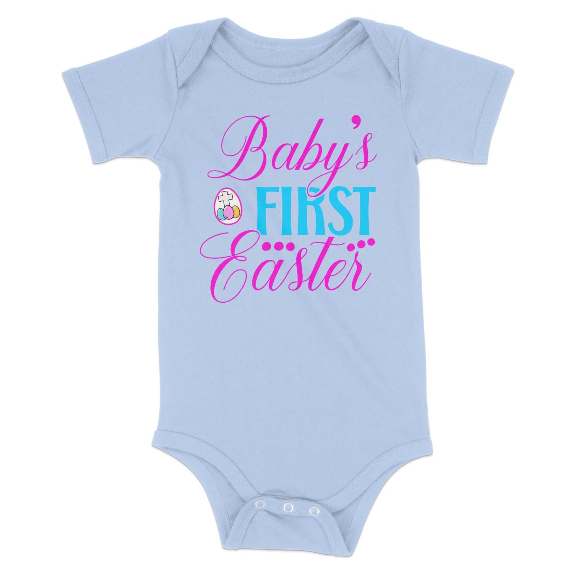 Baby's First Easter Cross Eggs Infant Fine Jersey Bodysuit Size: 6mo Color: Light Blue Jesus Passion Apparel