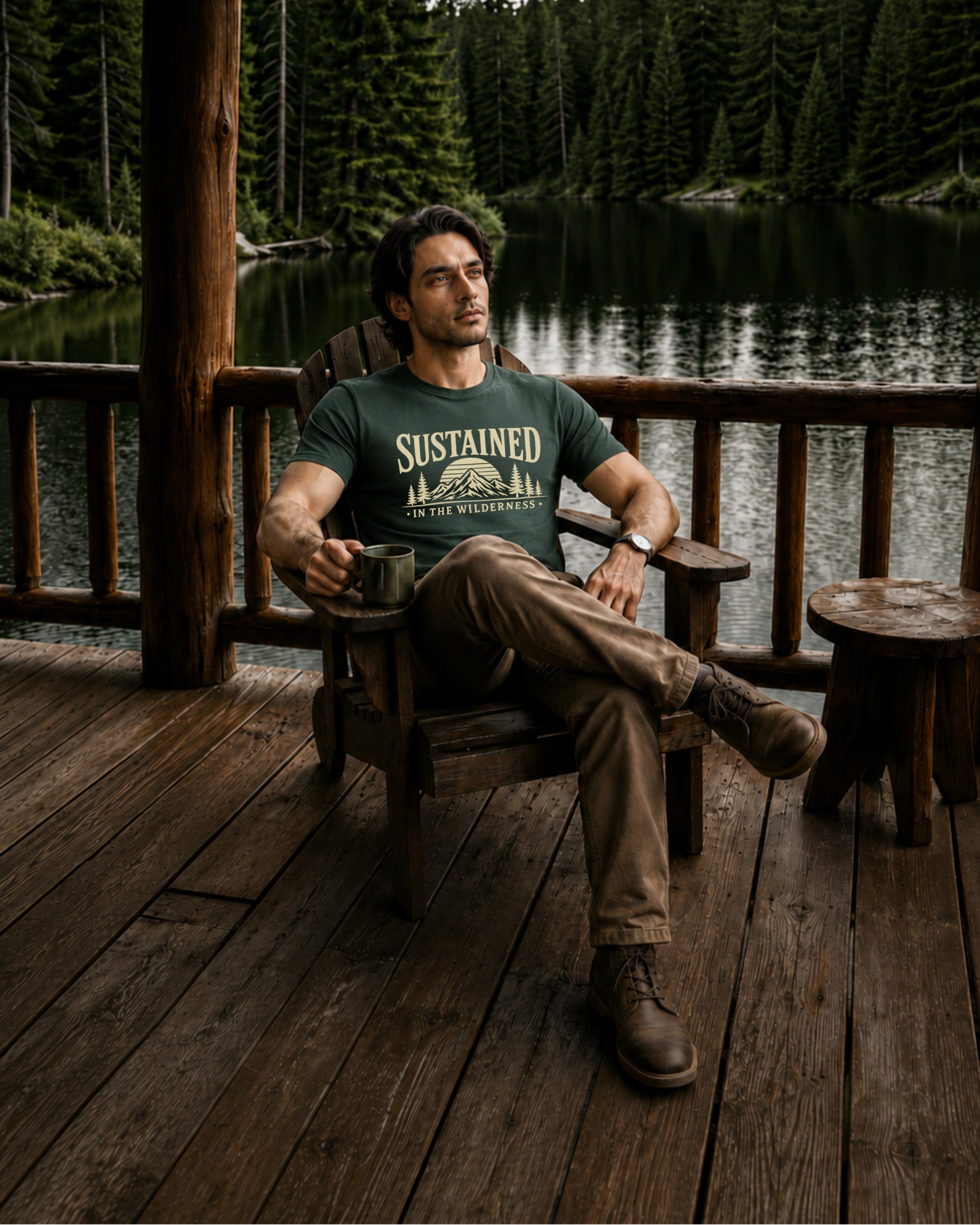 A man sits in a wooden chair on a rustic deck overlooking a lake and pine forest, wearing a dark green graphic T-shirt that reads 'SUSTAINED' with a mountain illustration and brown pants.