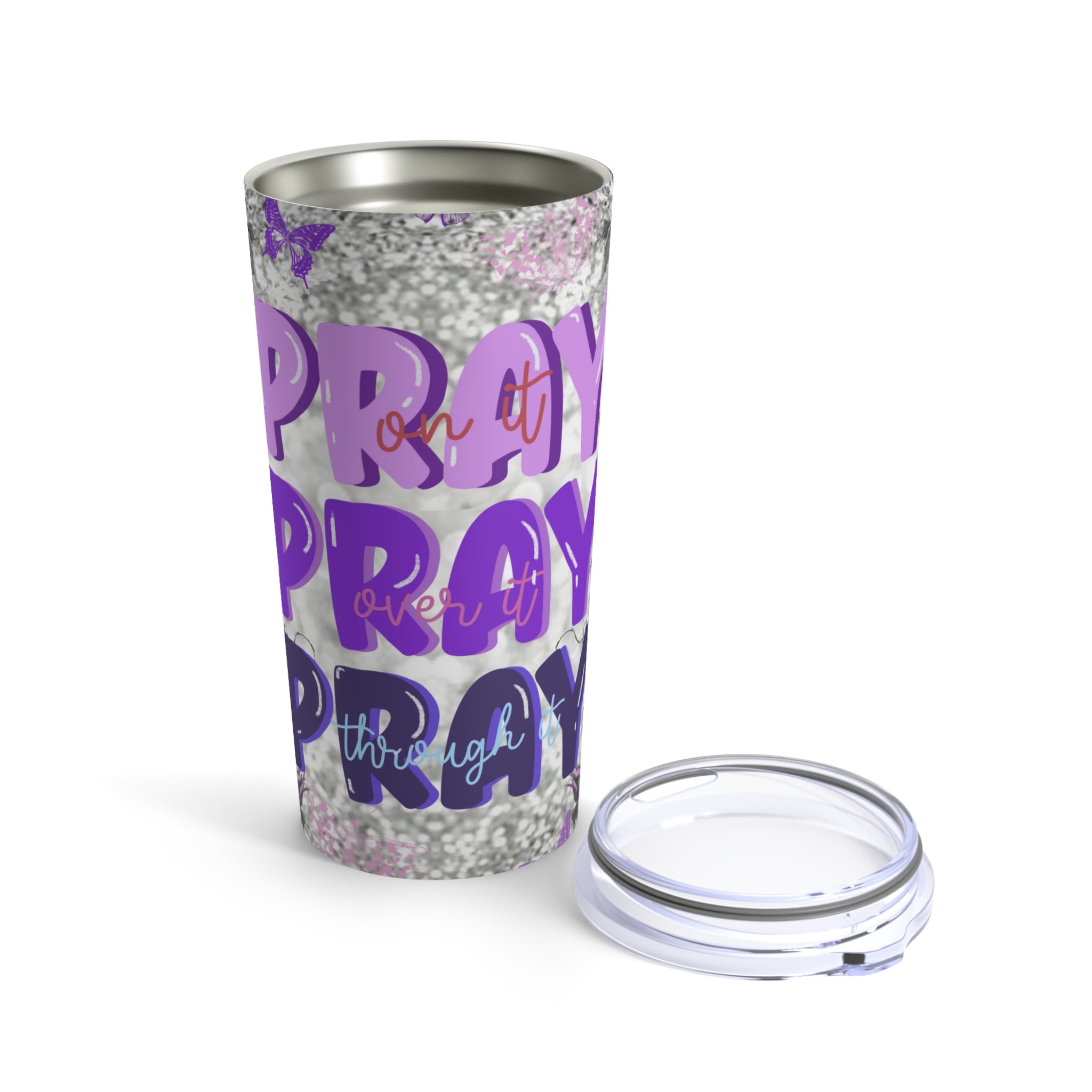 Pray On Over Through It Purple Roses Glitter Hot-Cold Tumbler 20 oz with Sip Lid Size: 20oz Jesus Passion Apparel