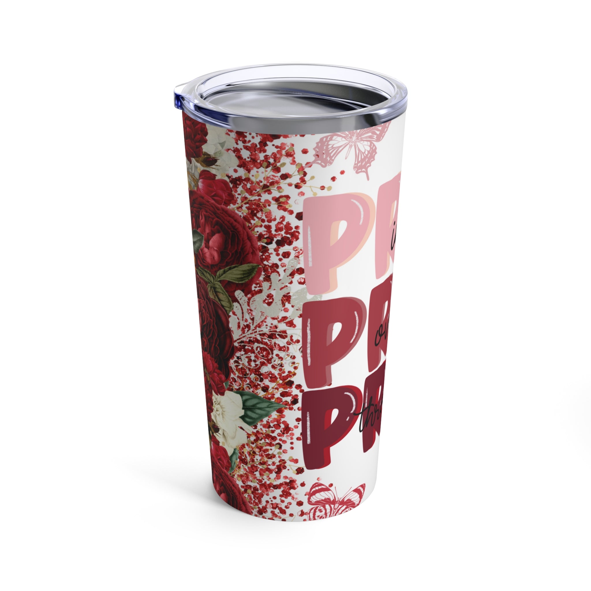 Pray Pray Pray Purple Roses Hot-Cold Tumbler 20 oz with Sip Lid Size: 20oz Jesus Passion Apparel