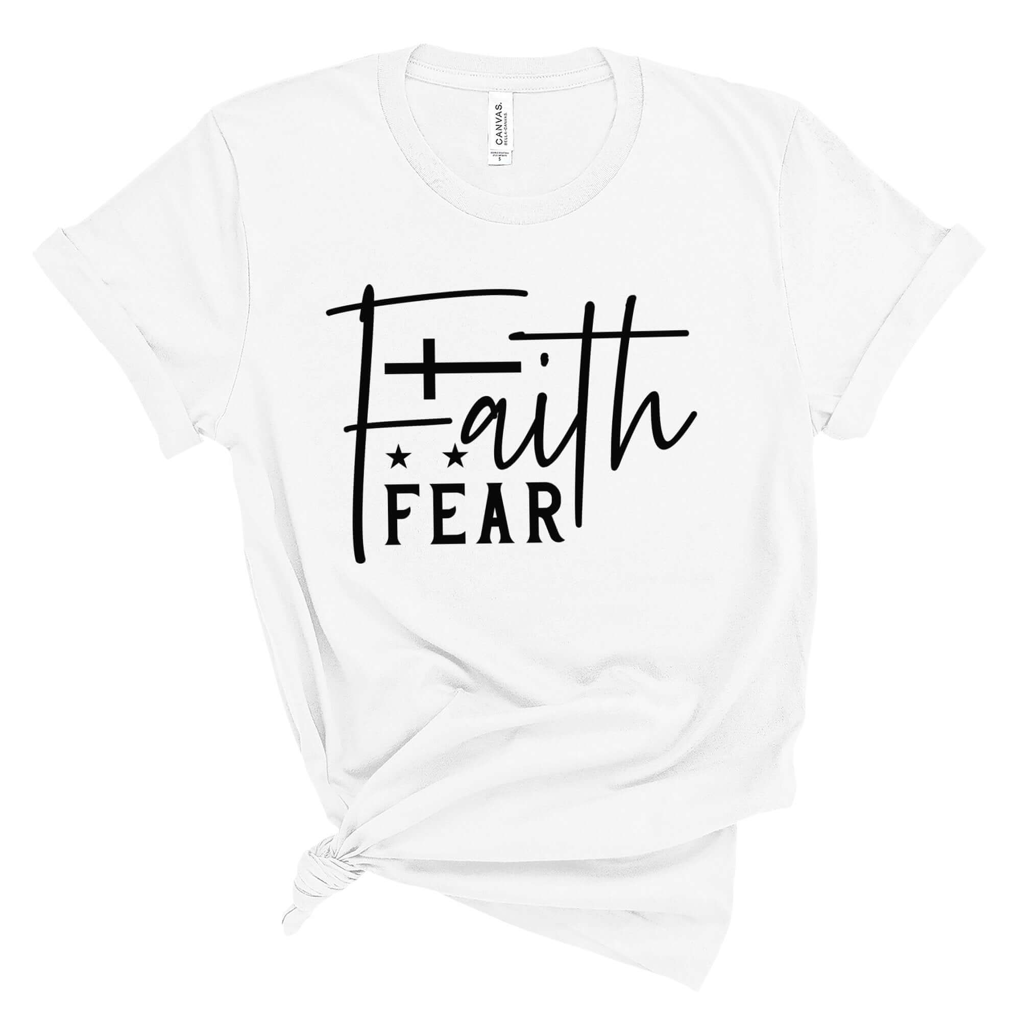 T-Shirts & TopsEnhance your wardrobe with this stylish and meaningful T-shirt featuring the powerful message "Faith Over Fear" in a chic handwritten script. Perfect for daily wear, it offers both comfort and inspiration. The minimalist design with a beaut