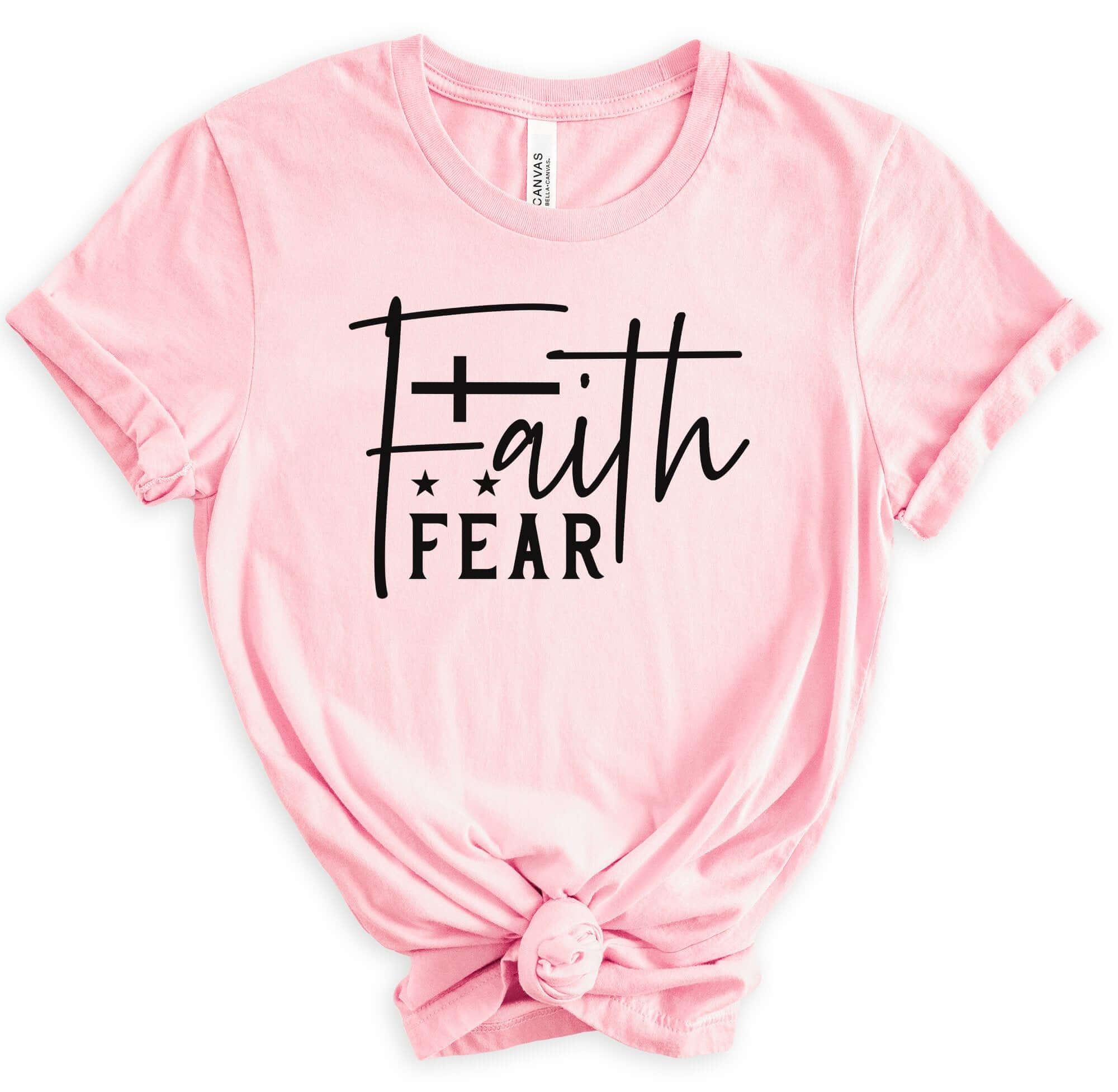 T-Shirts & TopsEnhance your wardrobe with this stylish and meaningful T-shirt featuring the powerful message "Faith Over Fear" in a chic handwritten script. Perfect for daily wear, it offers both comfort and inspiration. The minimalist design with a beaut