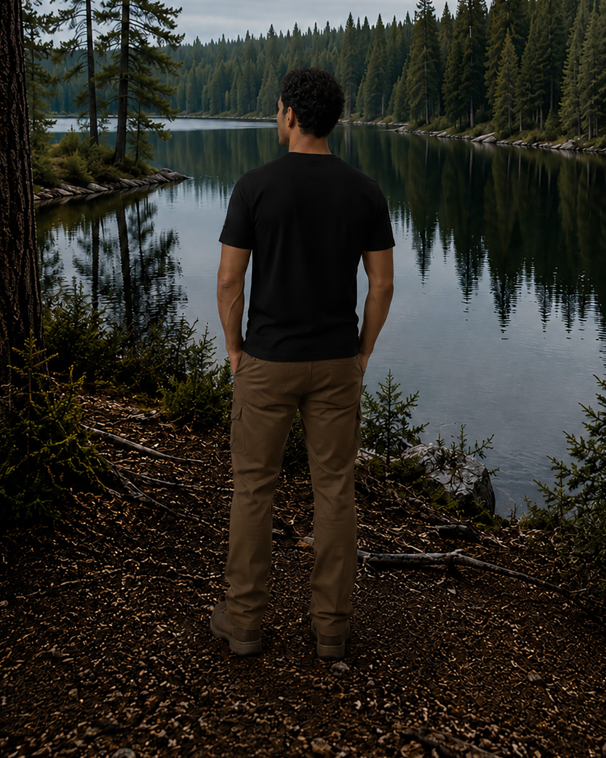 A man stands on a forest path overlooking a calm lake, wearing a black short-sleeve t-shirt and tan pants, with pine trees reflected in the water.