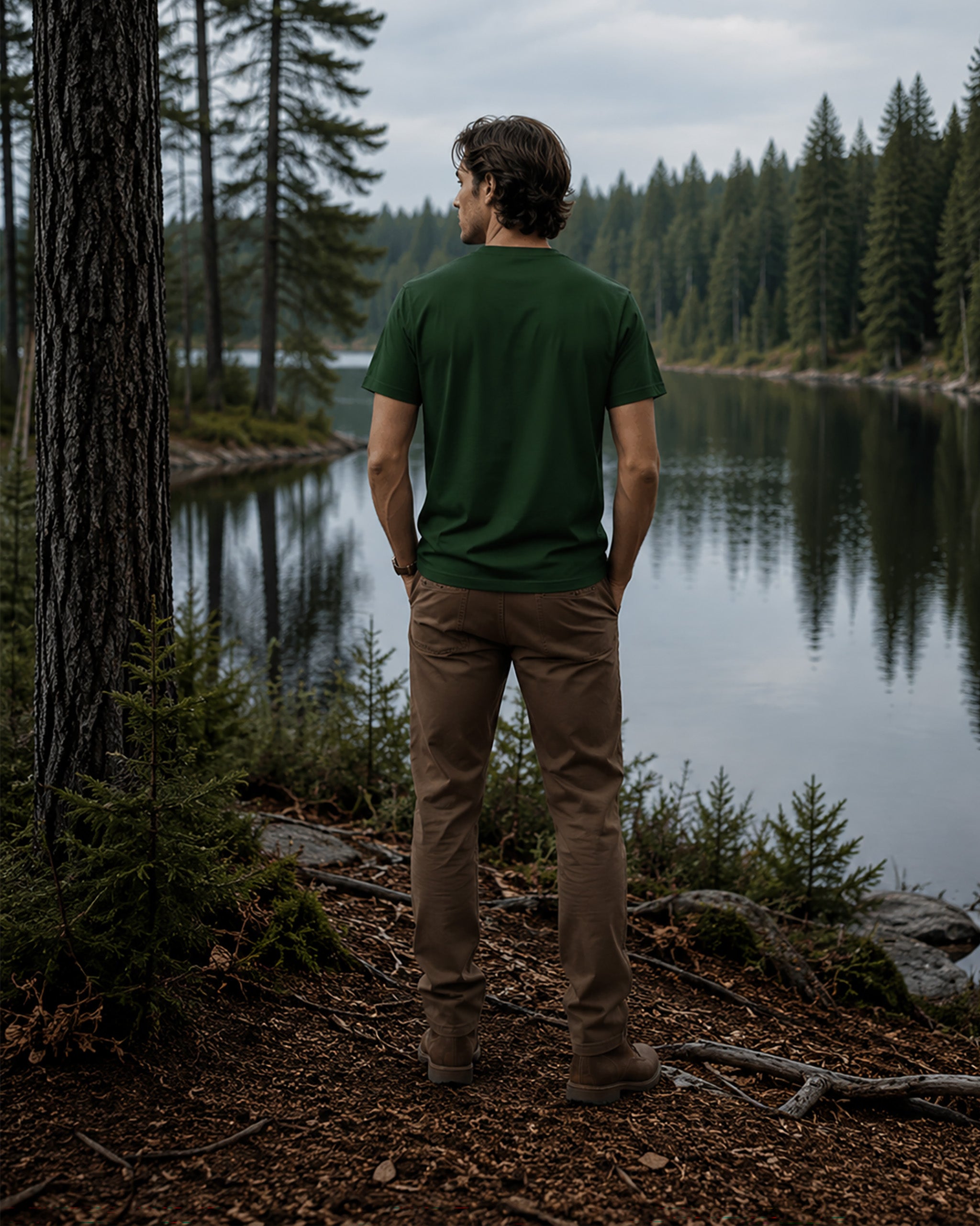 A man stands with his back to the camera on a forest lakeshore, wearing a dark green short-sleeve t-shirt and brown pants, looking out over the water.