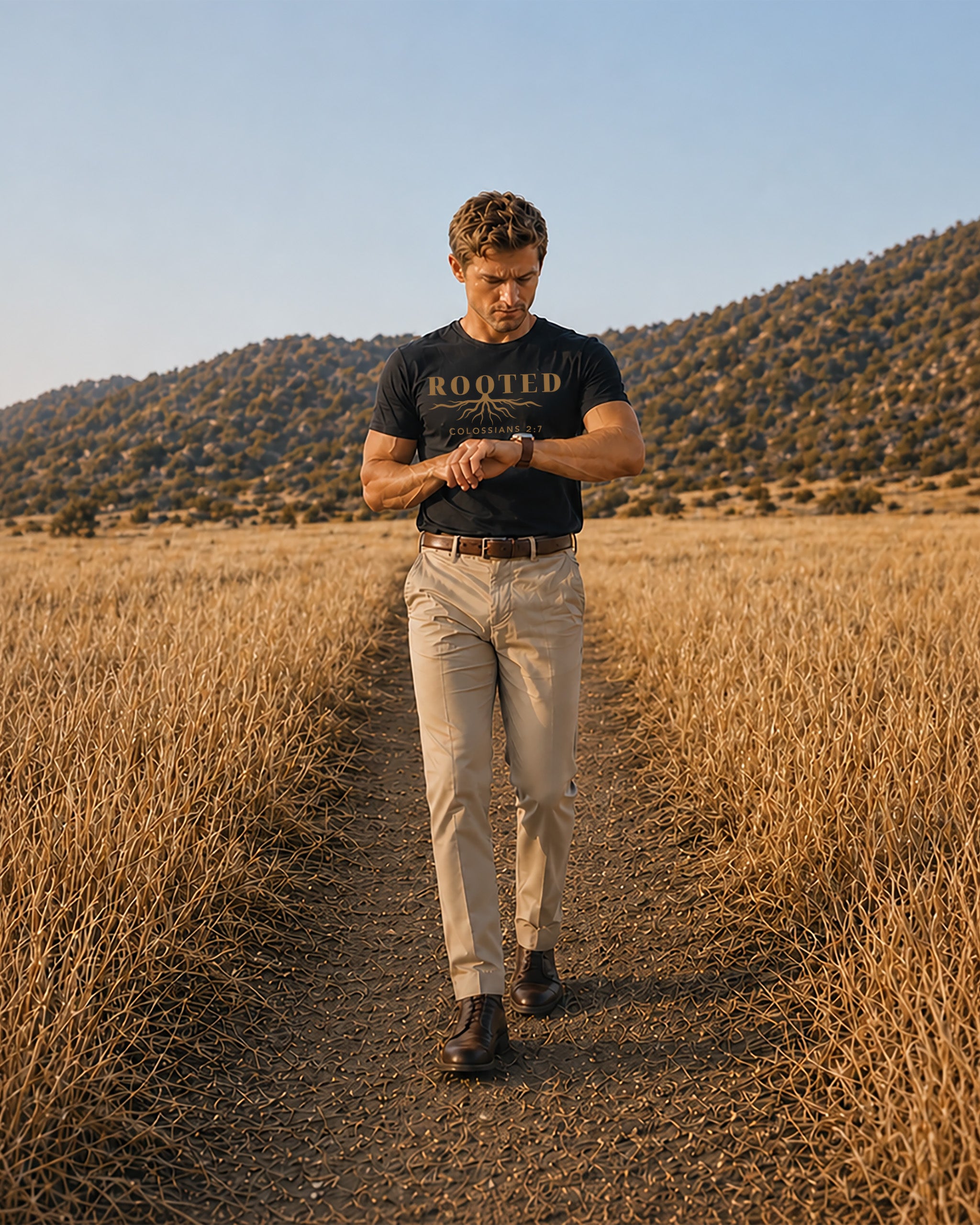 Man walking on a dirt path in a desert landscape wearing a 'Rooted' t-shirt.