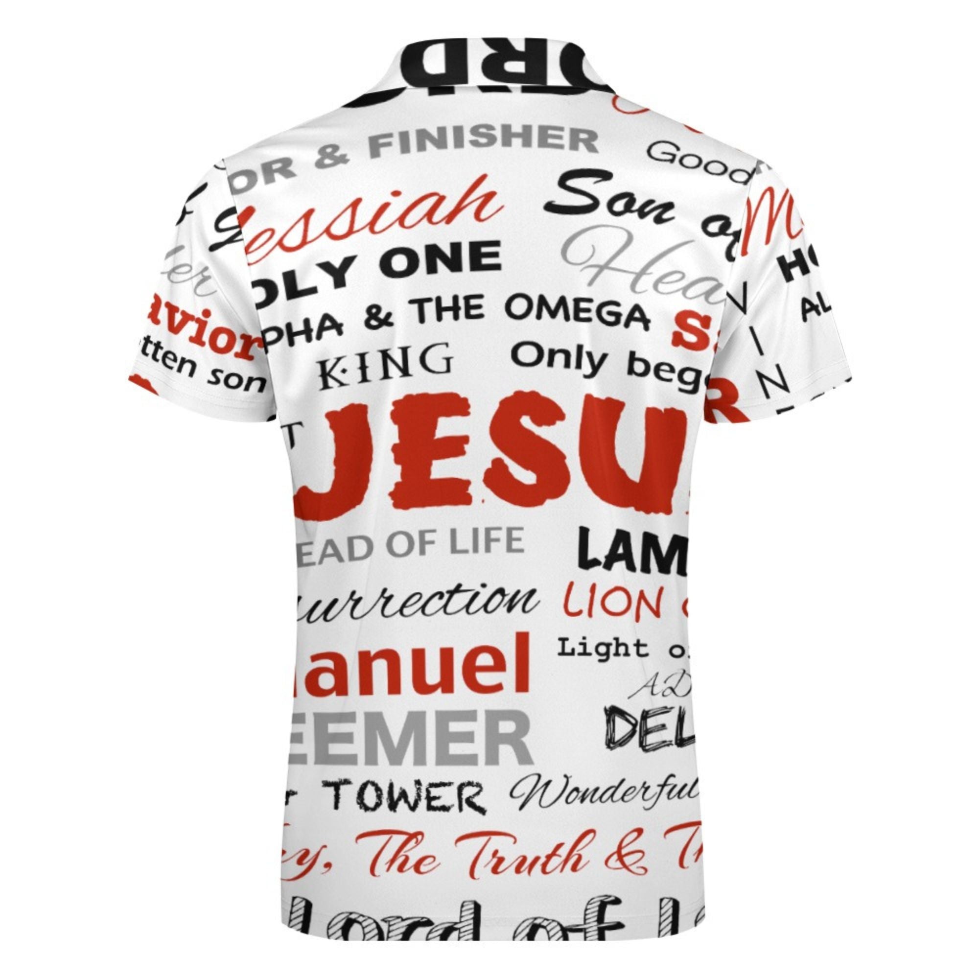 Many Names of Jesus Short Sleeve Polo Shirt Size: 2XS Color: White Jesus Passion Apparel