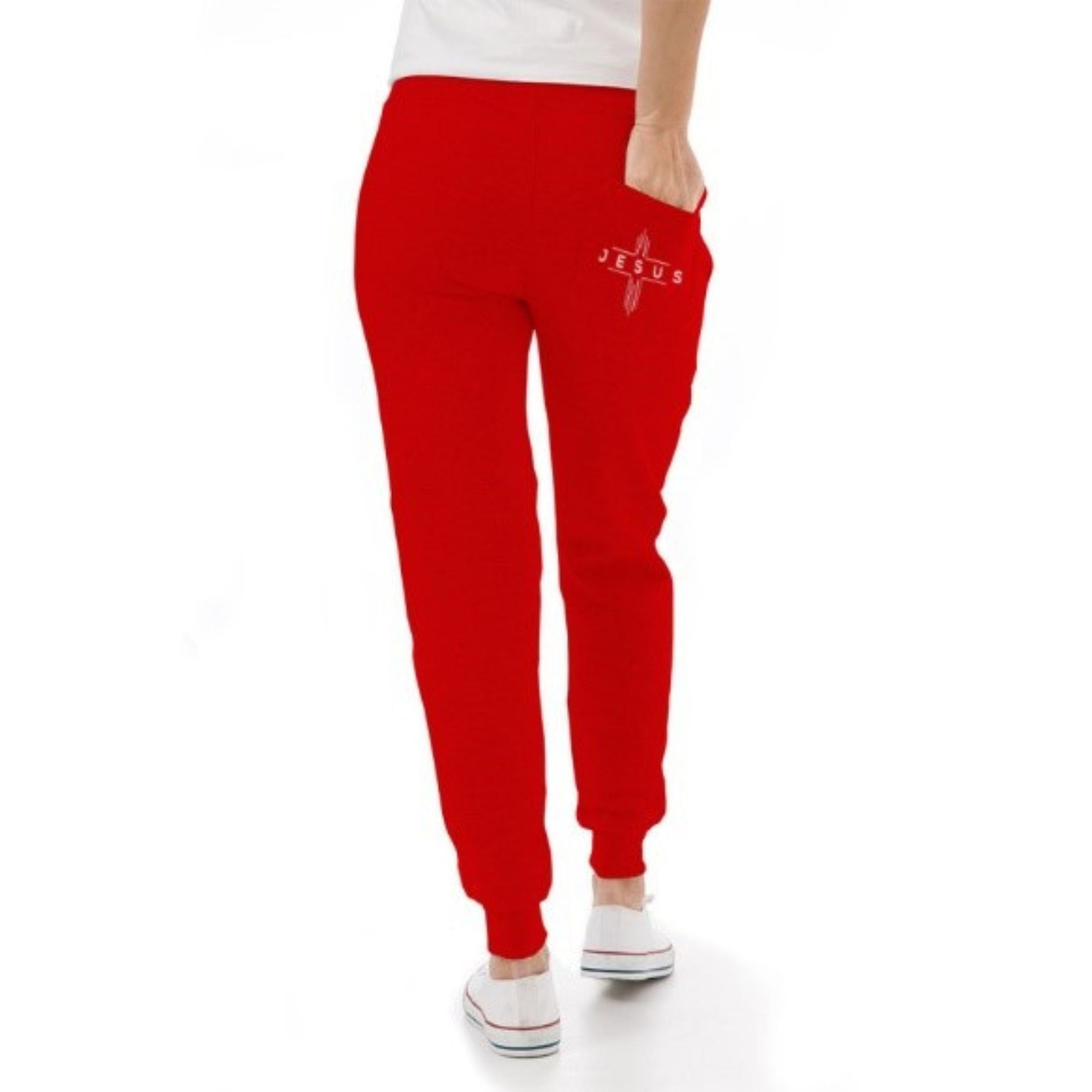 Jesus Cheveron Cross Women's Unisex Premium Fleece Joggers - Black / Red - Matching Champion T-shirt Available Size: S Color: Black Jesus Passion Apparel