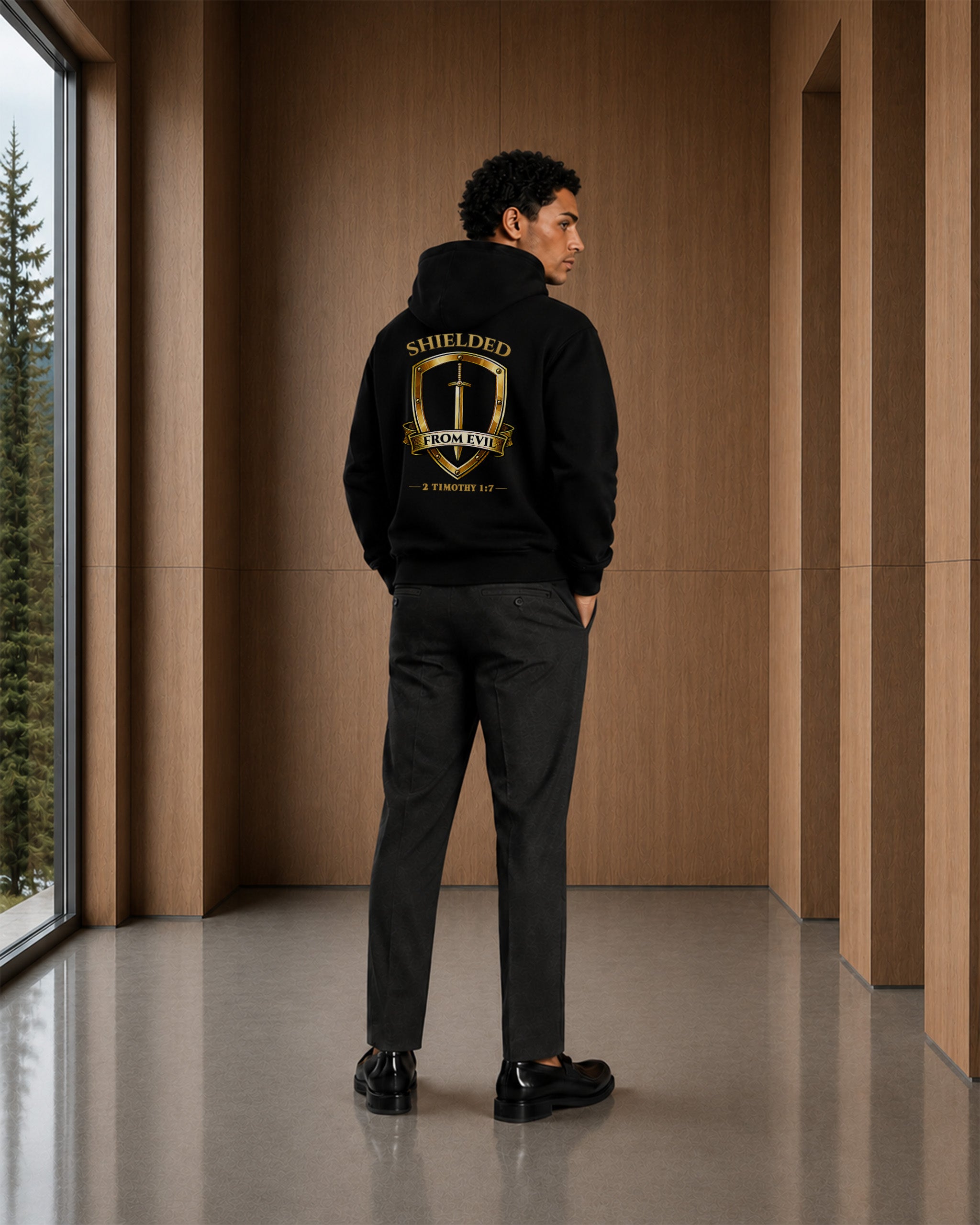A man stands with his back to the camera wearing a black hoodie with a large gold and white shield graphic on the back that reads 'SHELTERED BASEFALL' and 'EST. 2024', paired with black pants and black shoes in a modern indoor setting with wood-paneled walls.