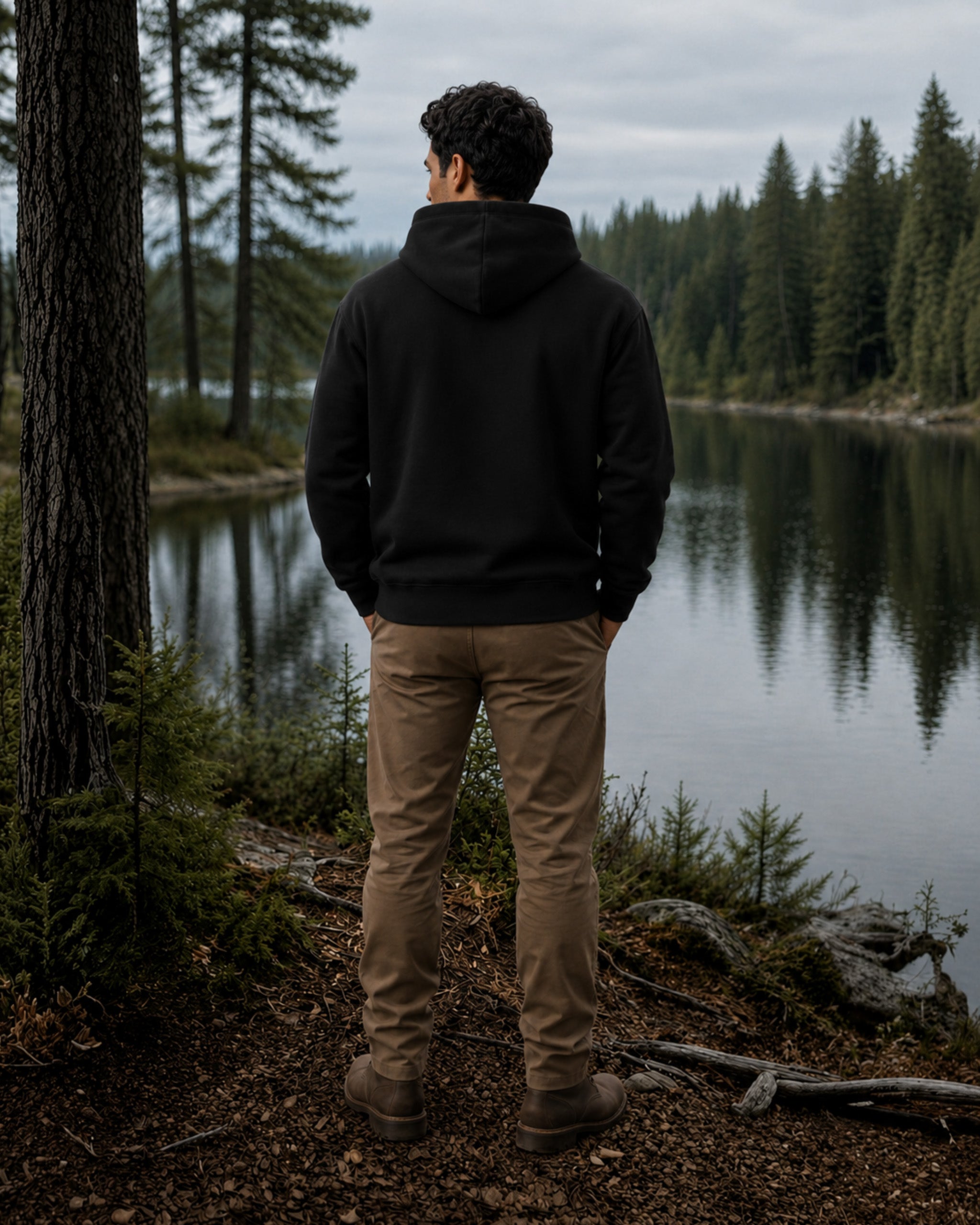A man stands with his back to the camera on a forest lakeshore, wearing a black pullover hoodie, tan pants, and brown boots.