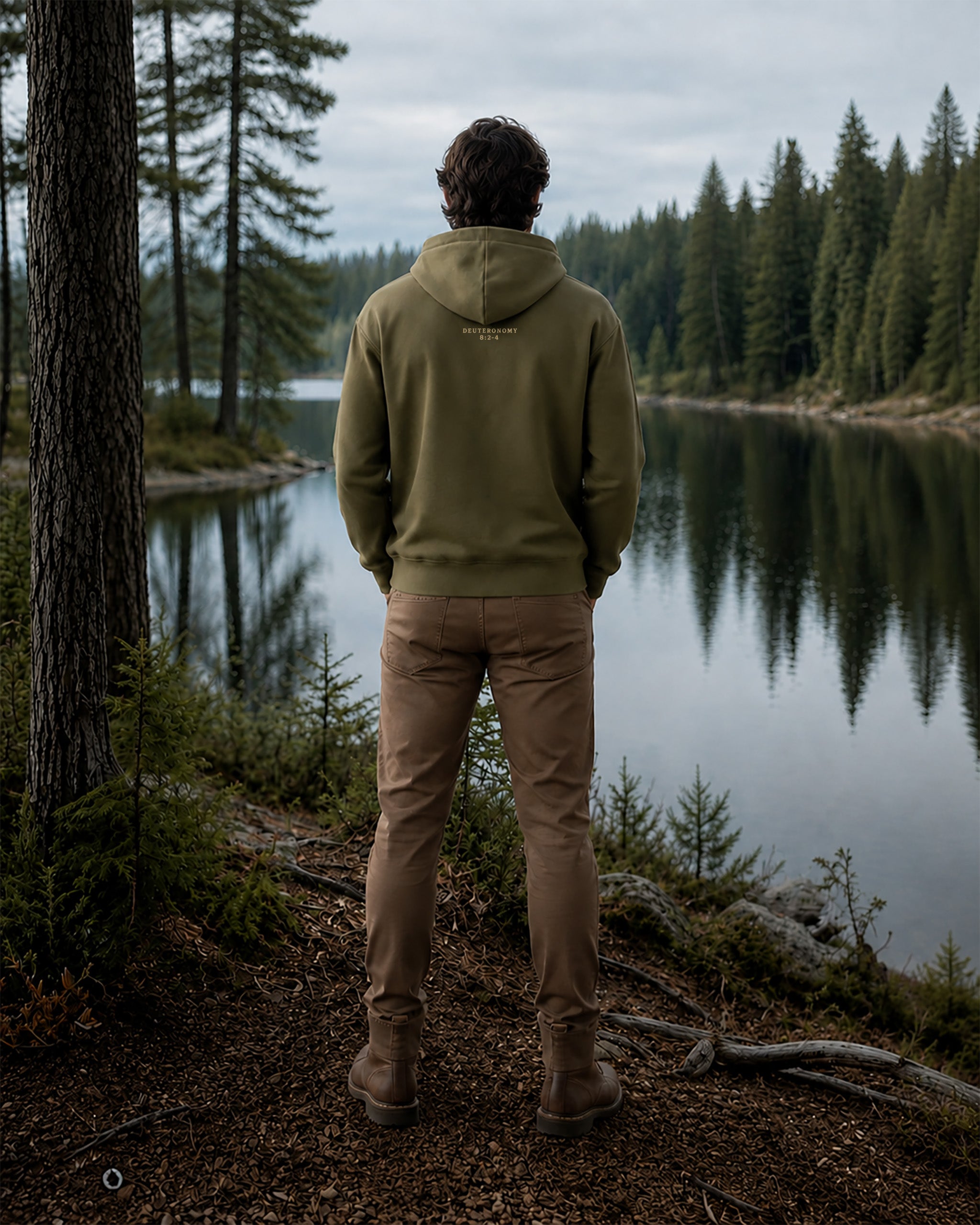 A man stands with his back to the camera on a forest lakeshore, wearing an olive green hoodie, tan pants, and brown boots, looking out over the calm water and pine trees.