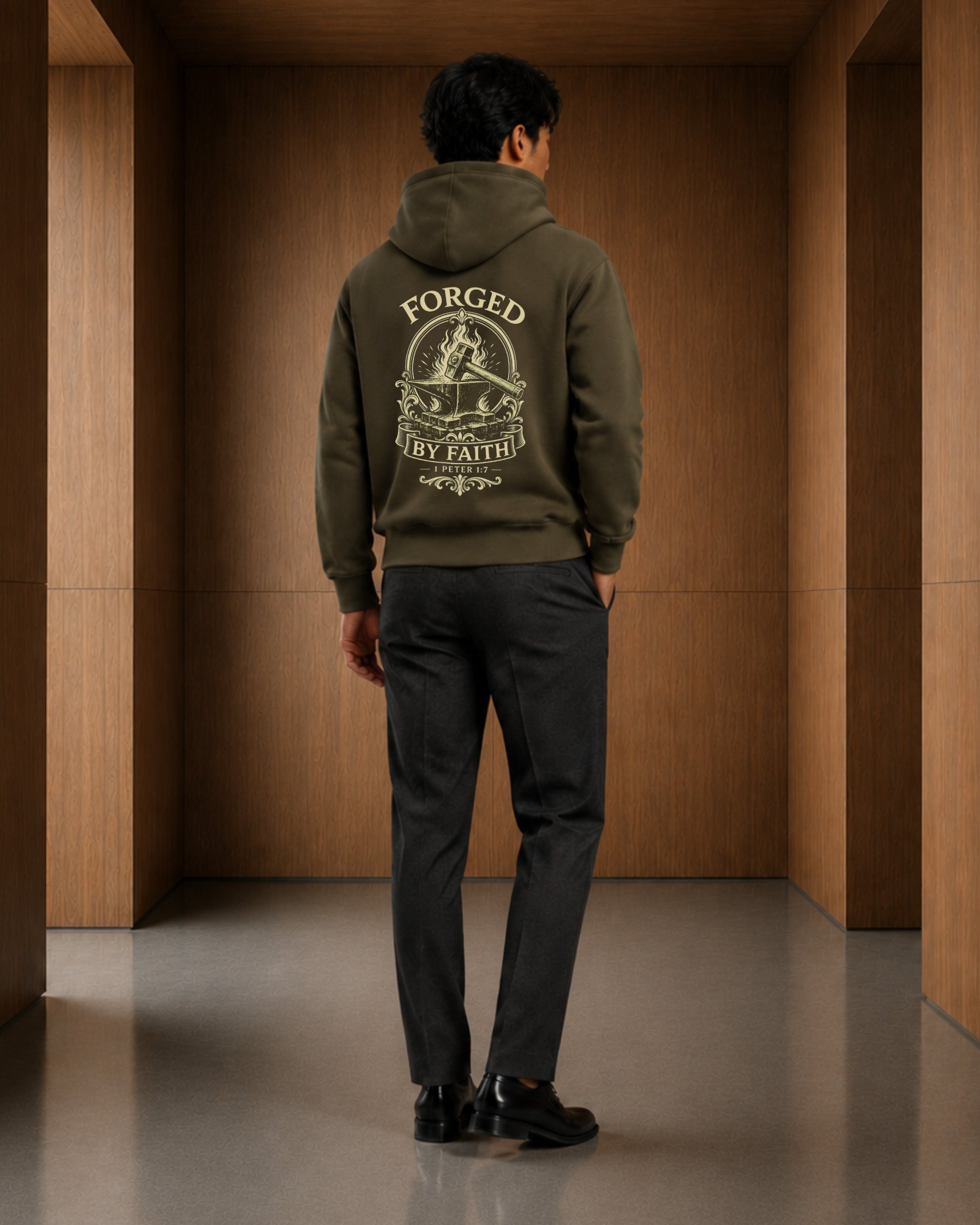 A man stands with his back to the camera in a wooden corridor, wearing an olive green hoodie with a large cream graphic on the back that reads 'FORGED IN MY FAITH' and dark gray trousers.