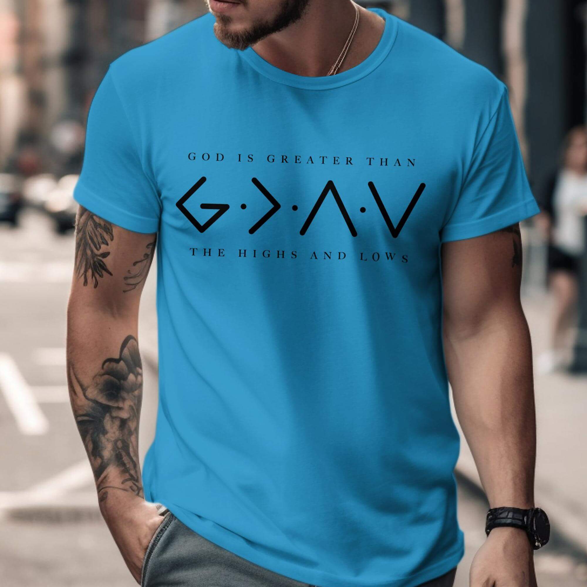 God Is Greatet Than the Highs and Lows Men's Jersey Short Sleeve Tee Size: XS Color: Aqua Jesus Passion Apparel