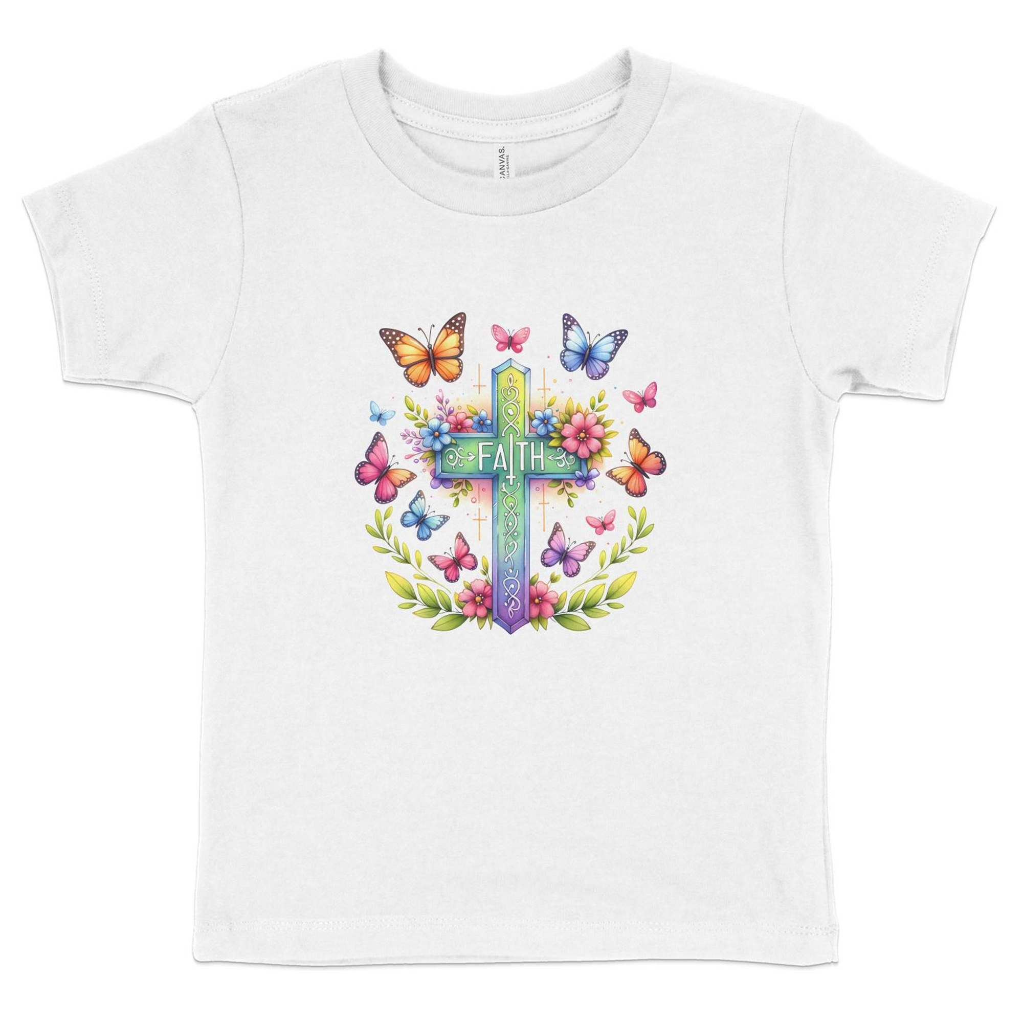 Faith Cross and Butterflies Toddler Short Sleeve Tee Size: 5/6T Color: White Jesus Passion Apparel