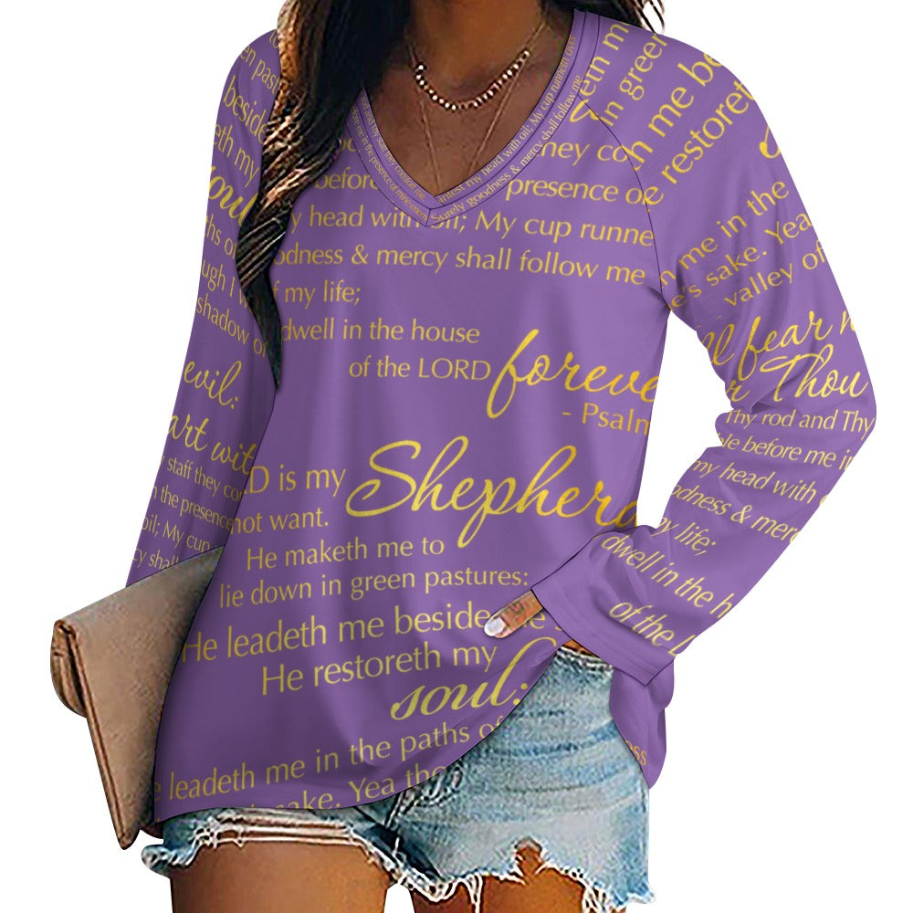 The Lord's Prayer Women's Long Sleeve Loose V-Neck Tee - Purple Size: S Color: MediumPurple Jesus Passion Apparel