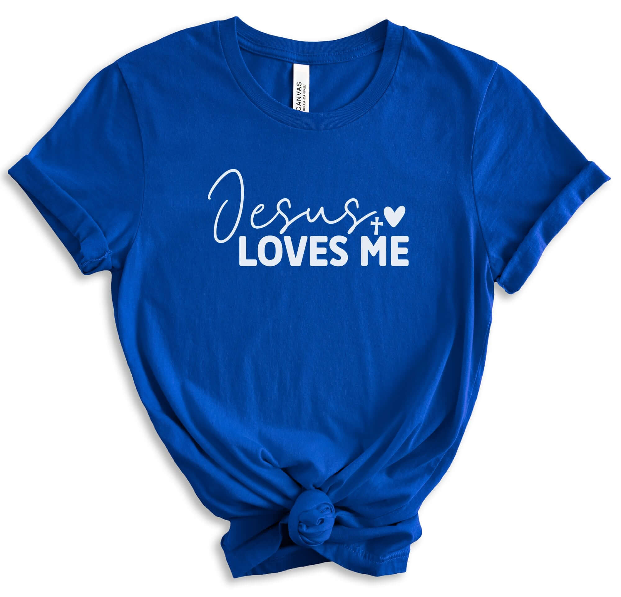 T-Shirts & TopsCelebrate your faith with this beautifully designed T-shirt featuring the inspiring message "Jesus Loves Me" in elegant script. Perfect for casual wear or group events, this shirt is a great way to spread a message of love and faith. Made f