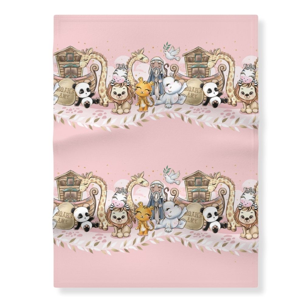 Noahs Ark - Pink Dove and Olive Leaf Soft Fleece Baby Blanket Size: 30" × 40" Color: White Jesus Passion Apparel
