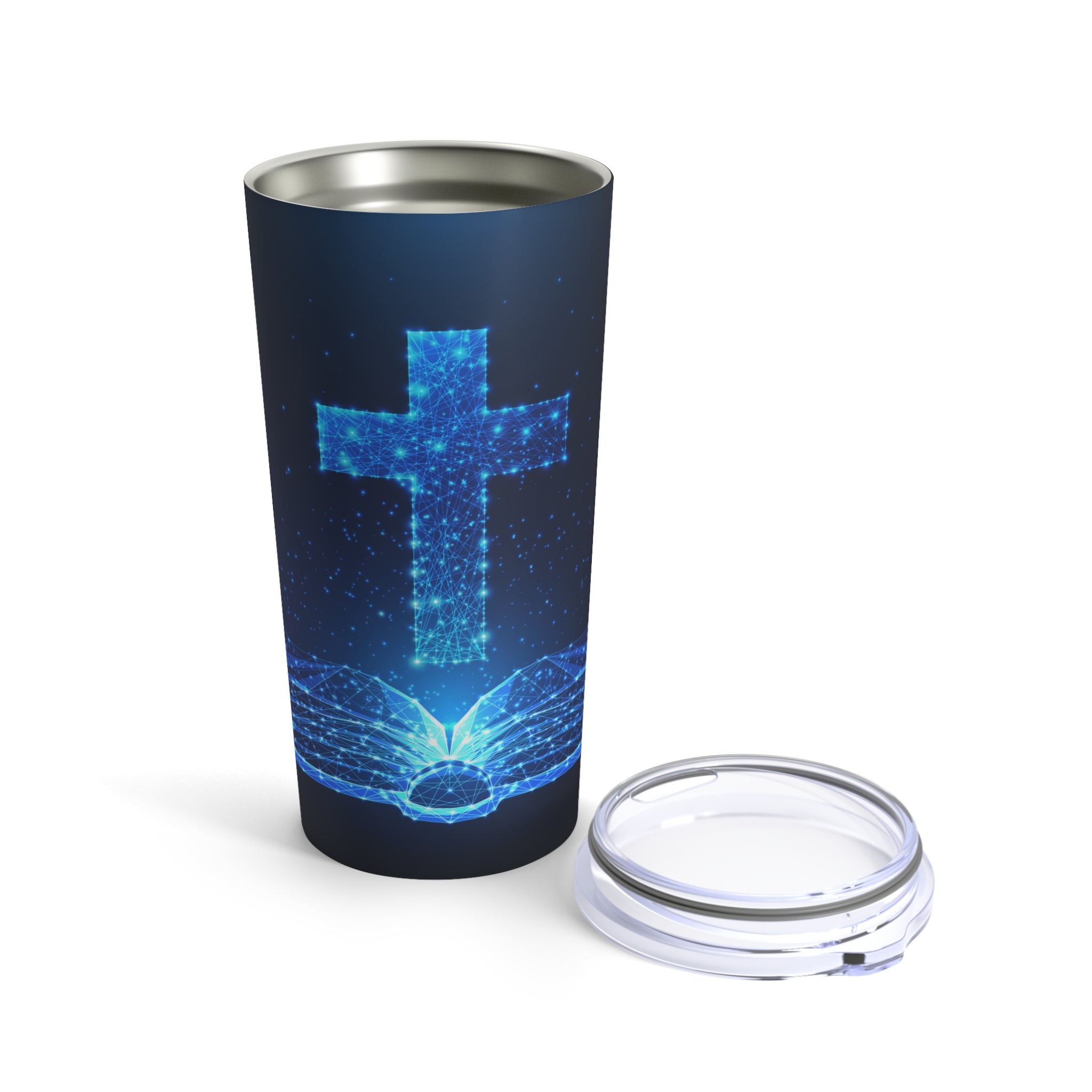 Blue Glow Cross Bible Hot-Cold Tumbler 20 oz with Sip Lid Size: 20oz Jesus Passion Apparel